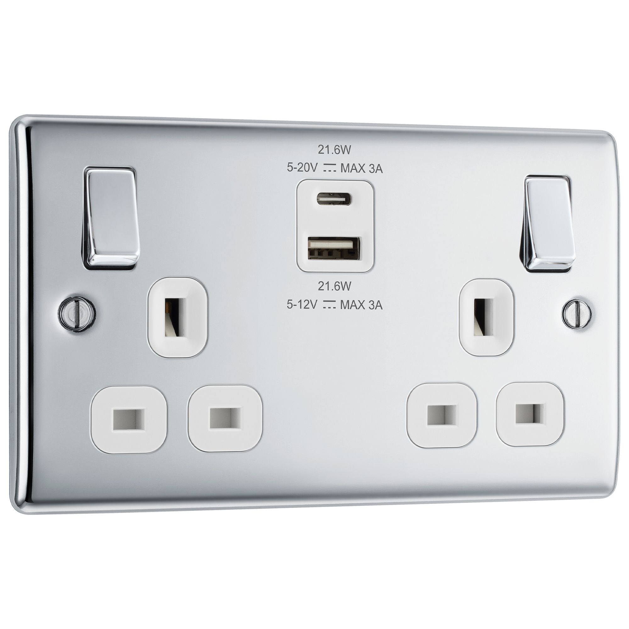 BG Polished Chrome Double 13A Raised slim Switched Socket with USB, x2 & White inserts