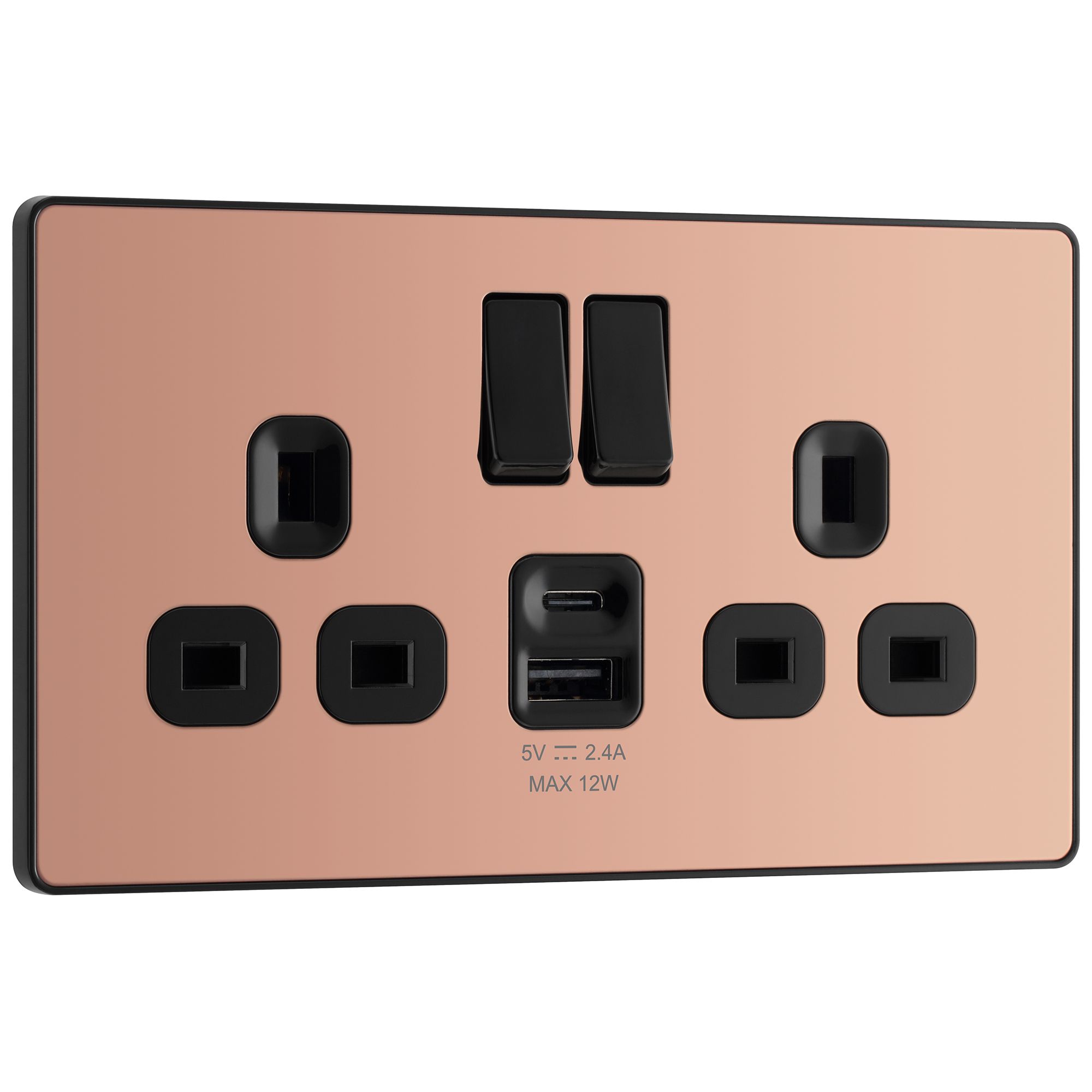BG Brushed Steel 13A Black Insert Switched Socket + A & C Type USB 2 Gang + 2 USB (4.2A)