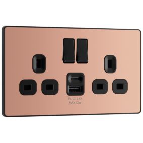 BG Polished Copper Double 13A Raised slim Switched Socket with USB, x2 & Black inserts