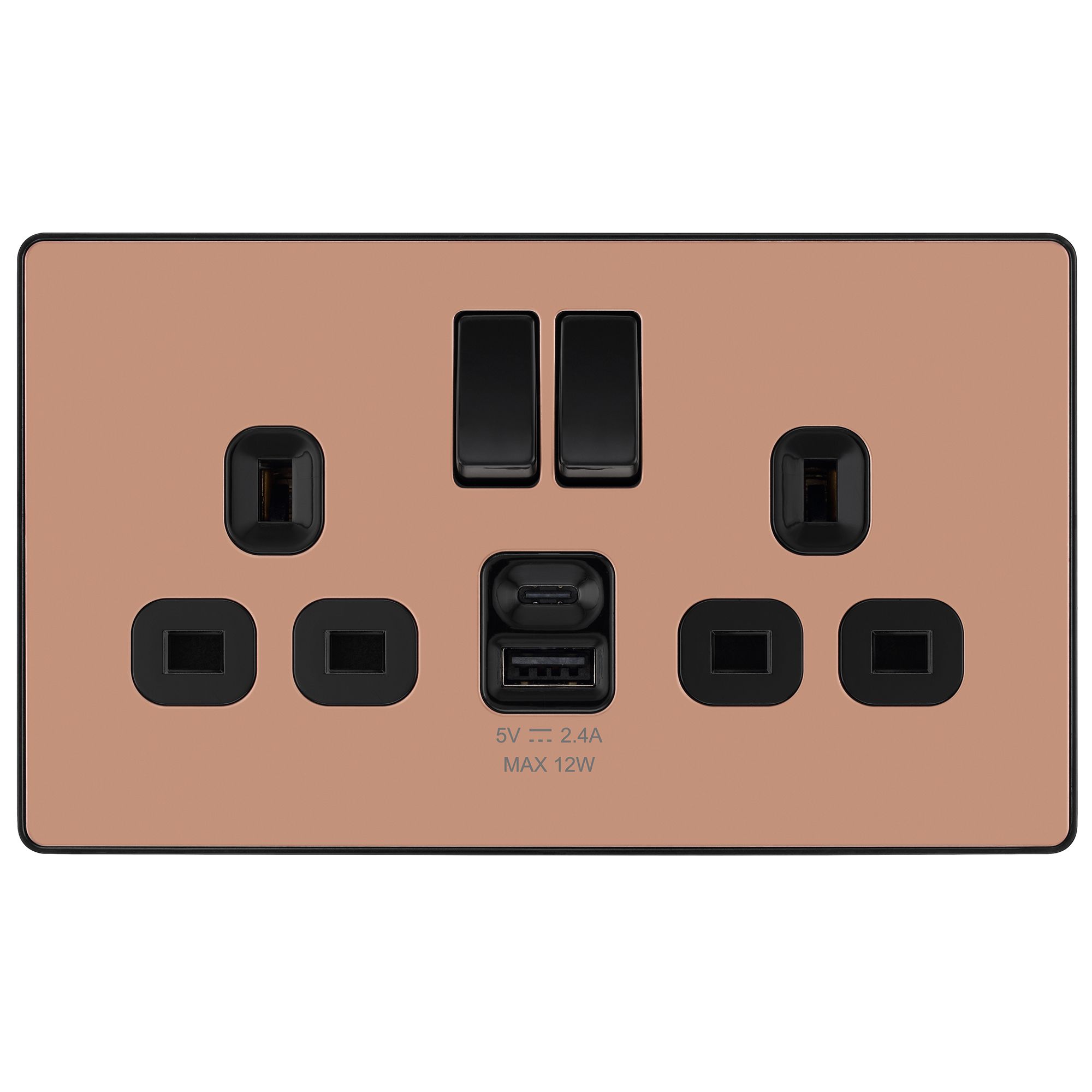 BG Brushed Steel 13A Black Insert Switched Socket + A & C Type USB 2 Gang + 2 USB (4.2A)