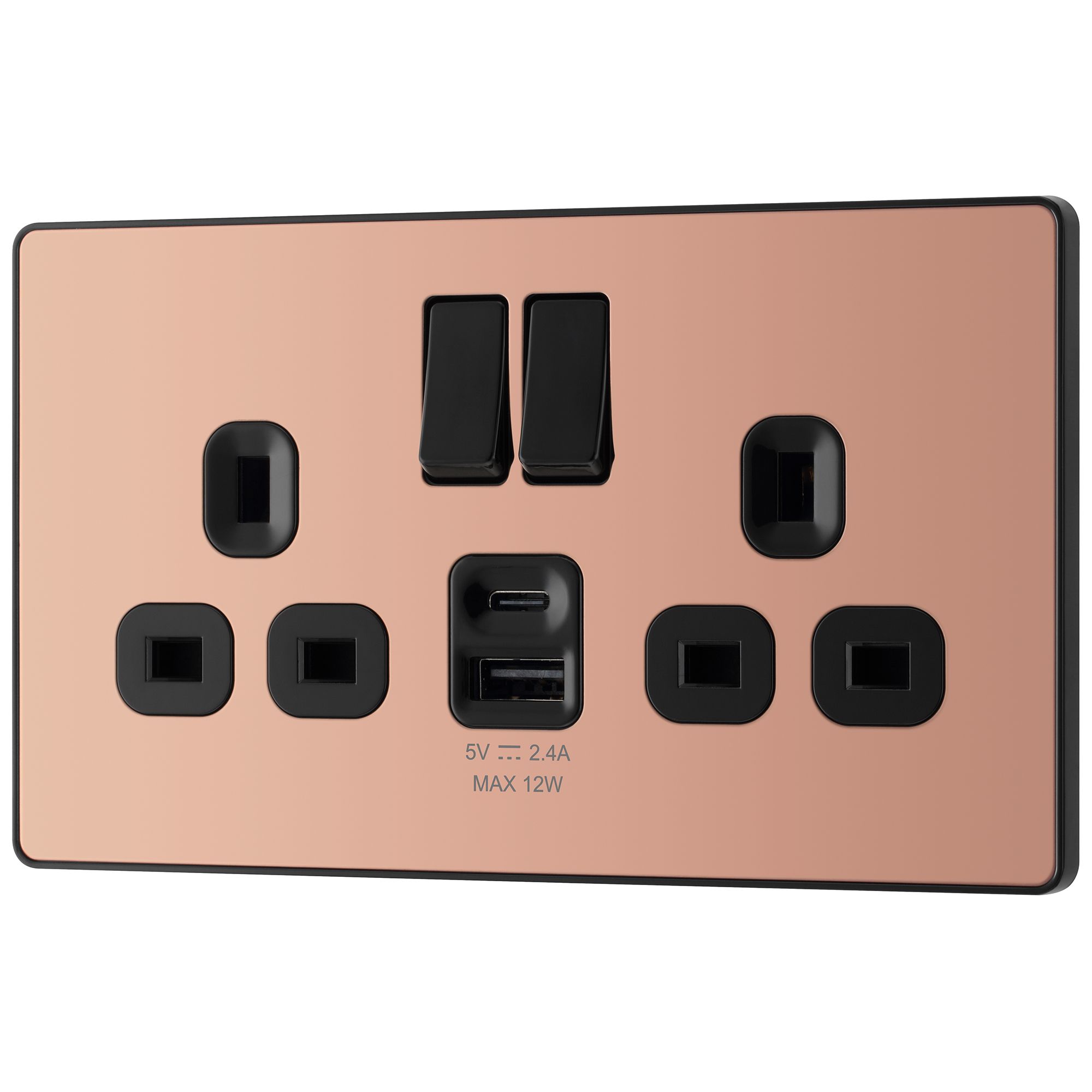BG Brushed Steel 13A Black Insert Switched Socket + A & C Type USB 2 Gang + 2 USB (4.2A) - 3