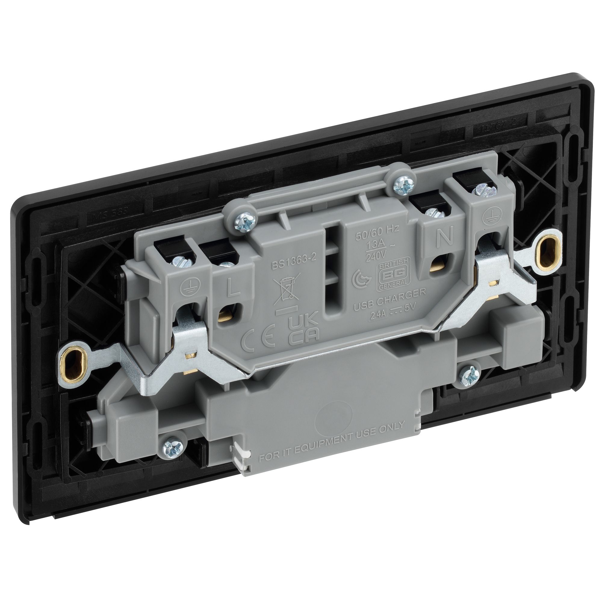 BG Brushed Steel 13A Black Insert Switched Socket + A & C Type USB 2 Gang + 2 USB (4.2A) - 6