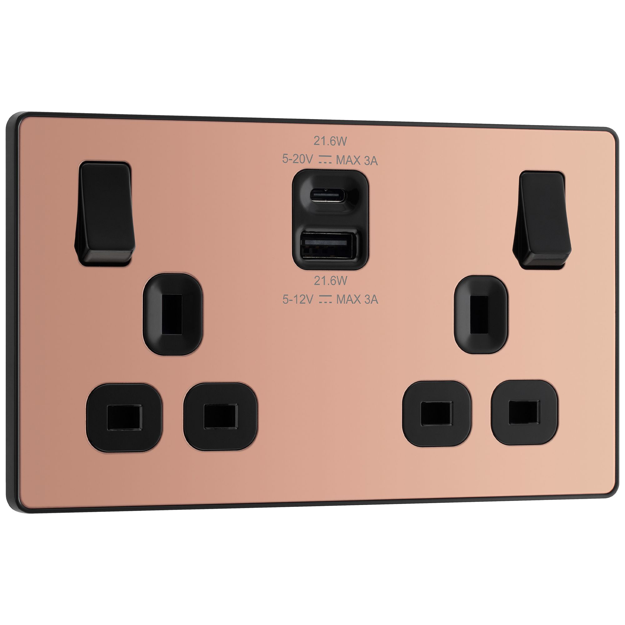 BG Polished Copper Double 13A Raised slim Switched Socket with USB, x2 & Black inserts