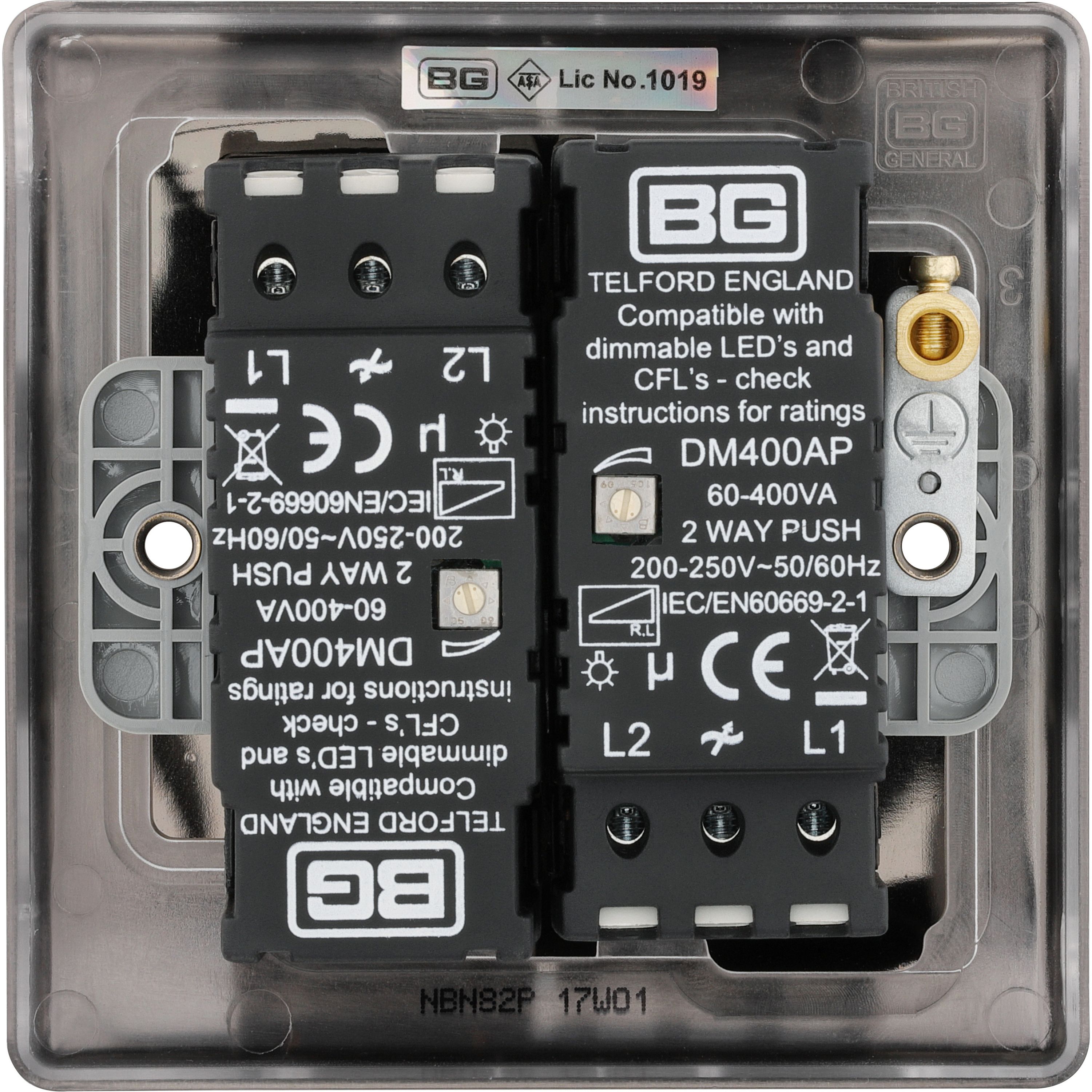 BG Raised slim Black Nickel effect 2 gang profile Double 200W Dimmer switch - 8