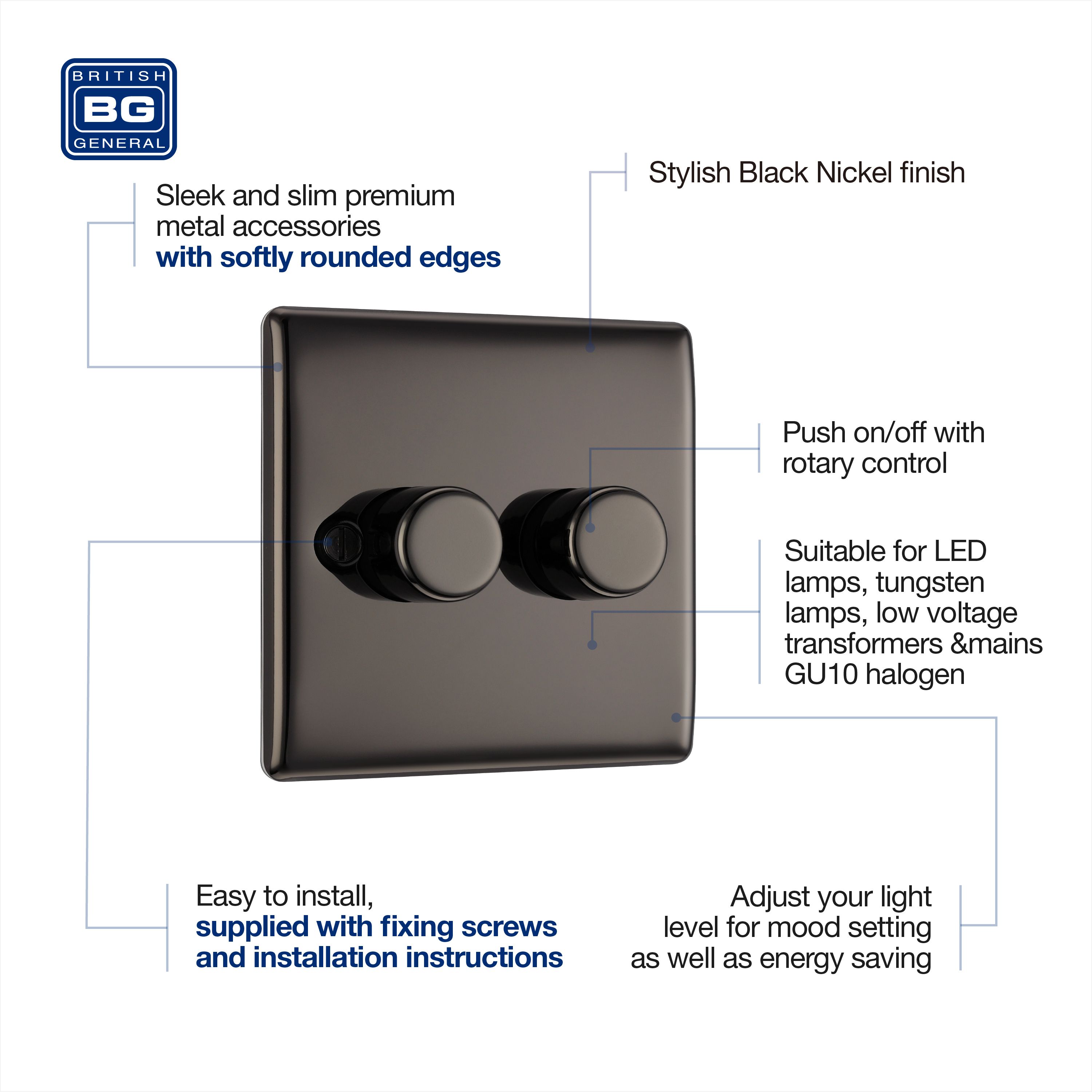 BG Raised slim Black Nickel effect 2 gang profile Double 200W Dimmer switch - 6