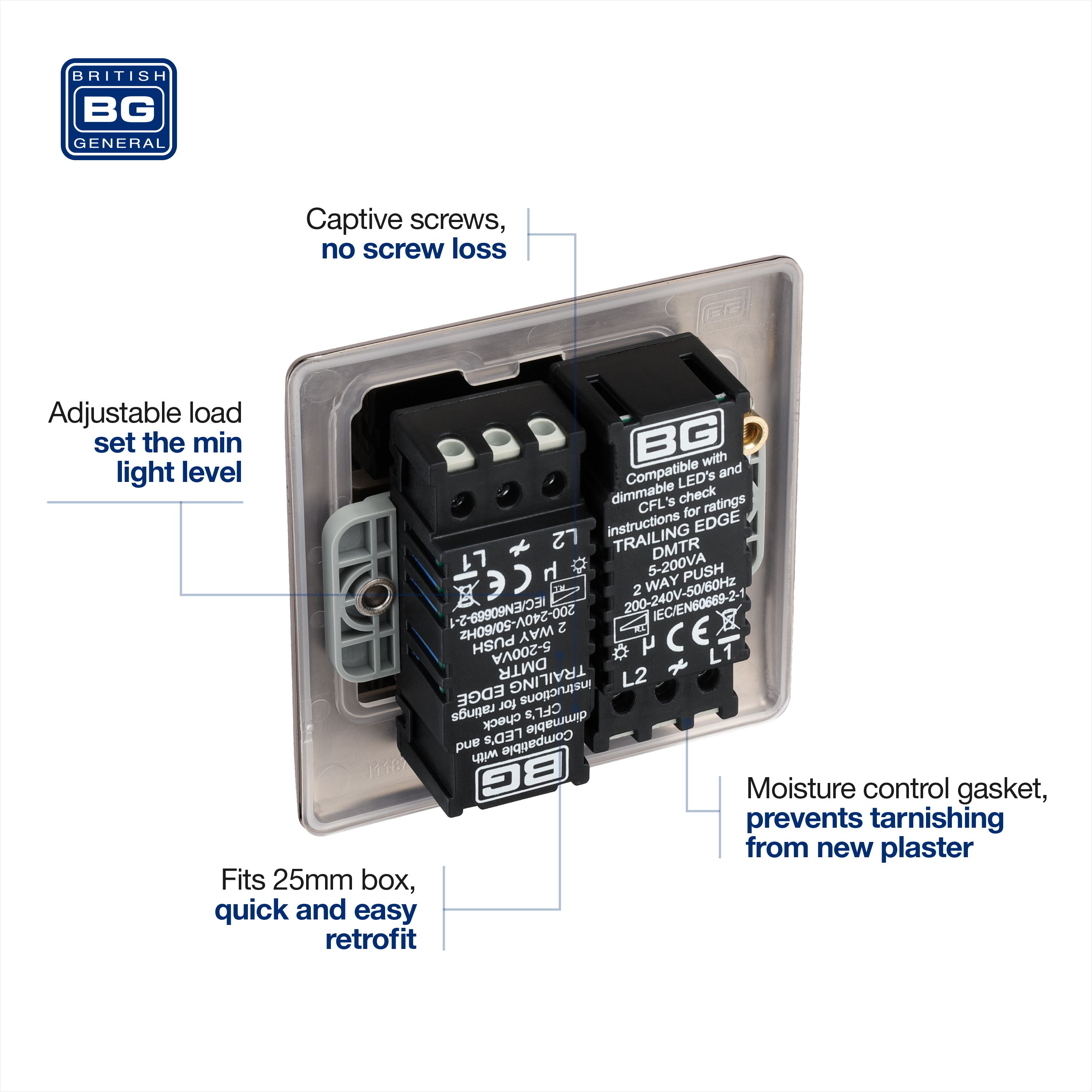 BG Raised slim Black Nickel effect 2 gang profile Double 200W Dimmer switch - 7