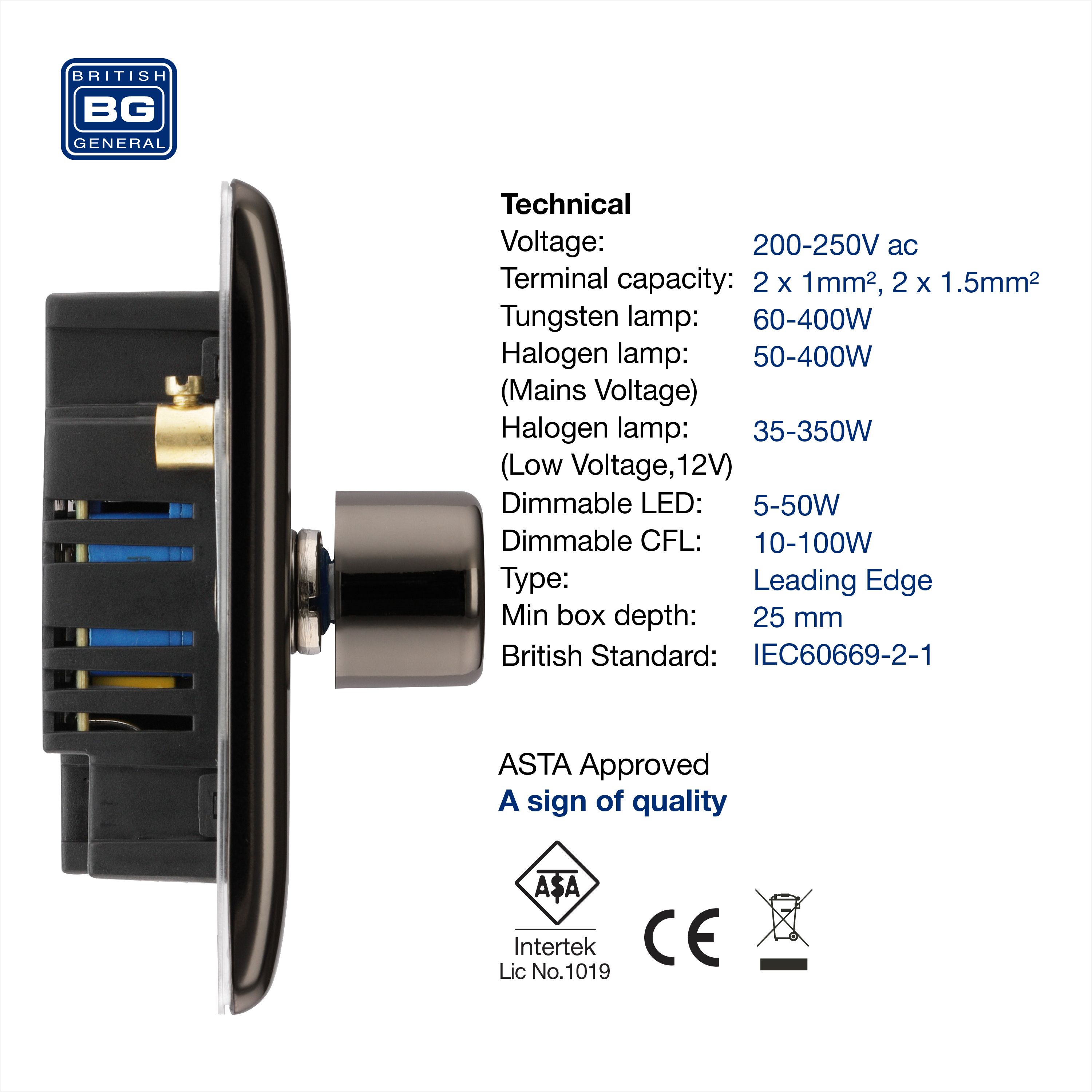 BG Raised slim Black Nickel effect 2 gang profile Double 200W Dimmer switch - 5