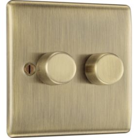 BG Raised slim Gold Antique brass effect 2 gang profile Double 200W Dimmer switch