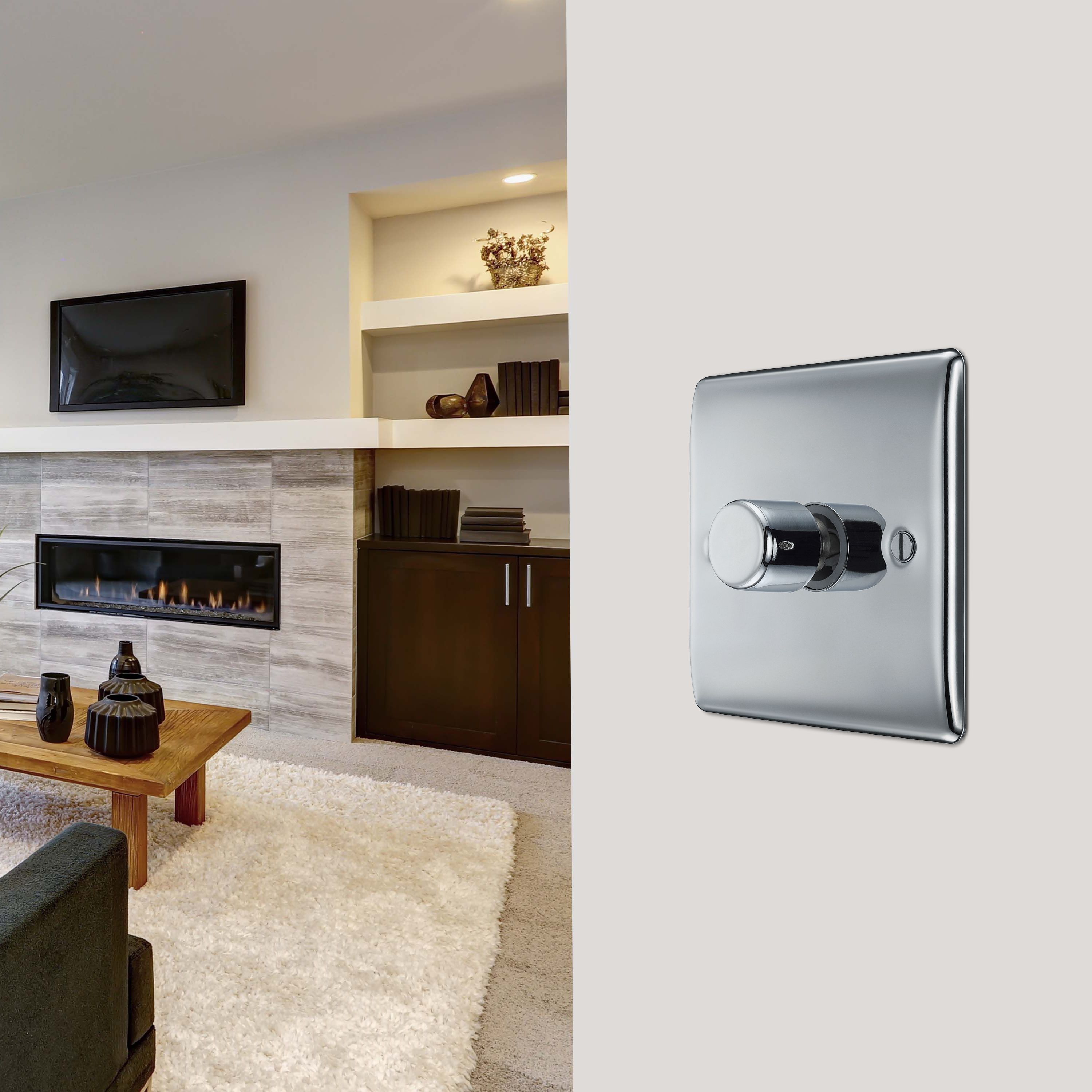 BG Raised slim Silver Chrome effect 1 gang profile Single 200W Dimmer switch