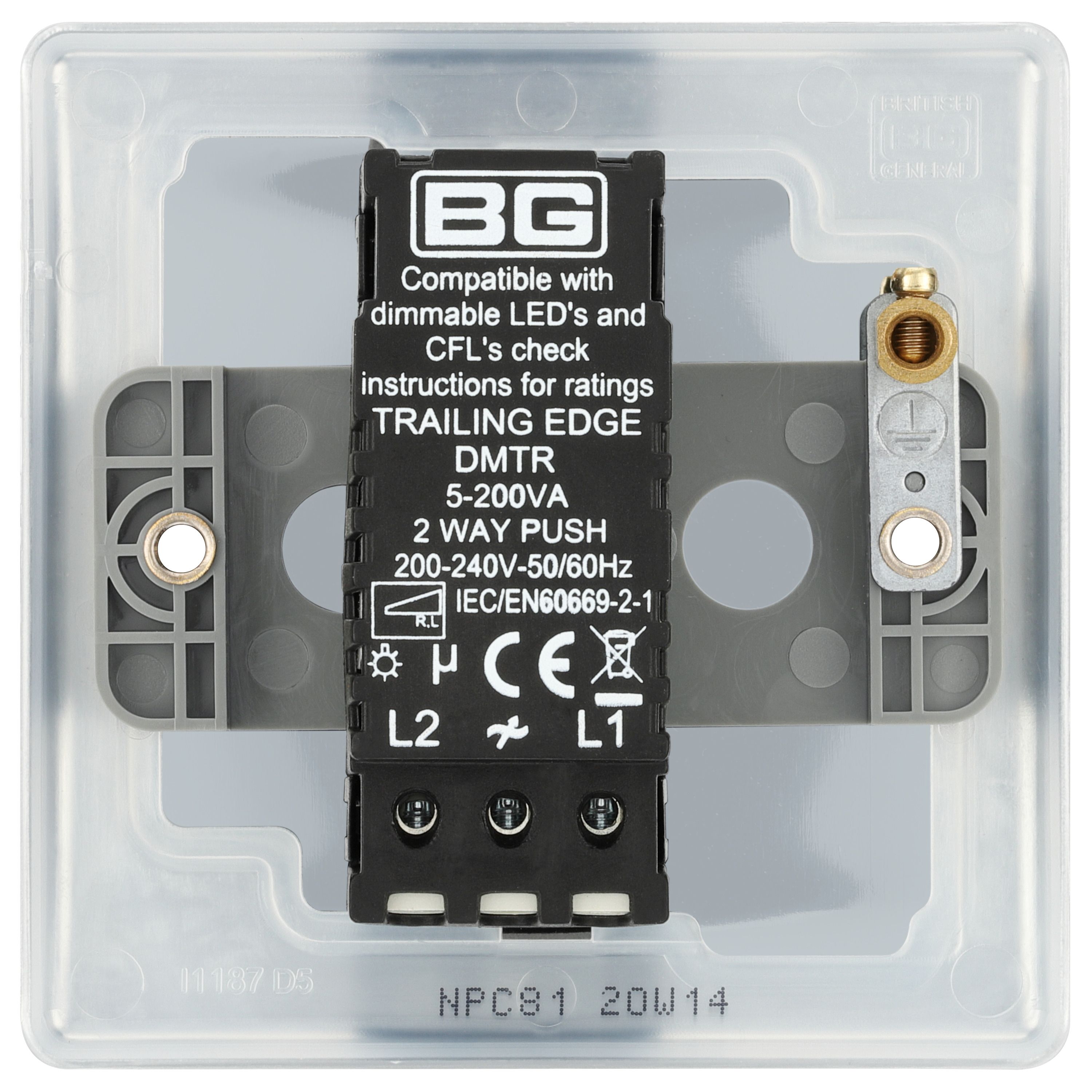 BG Raised slim Silver Chrome effect 1 gang profile Single 200W Dimmer switch