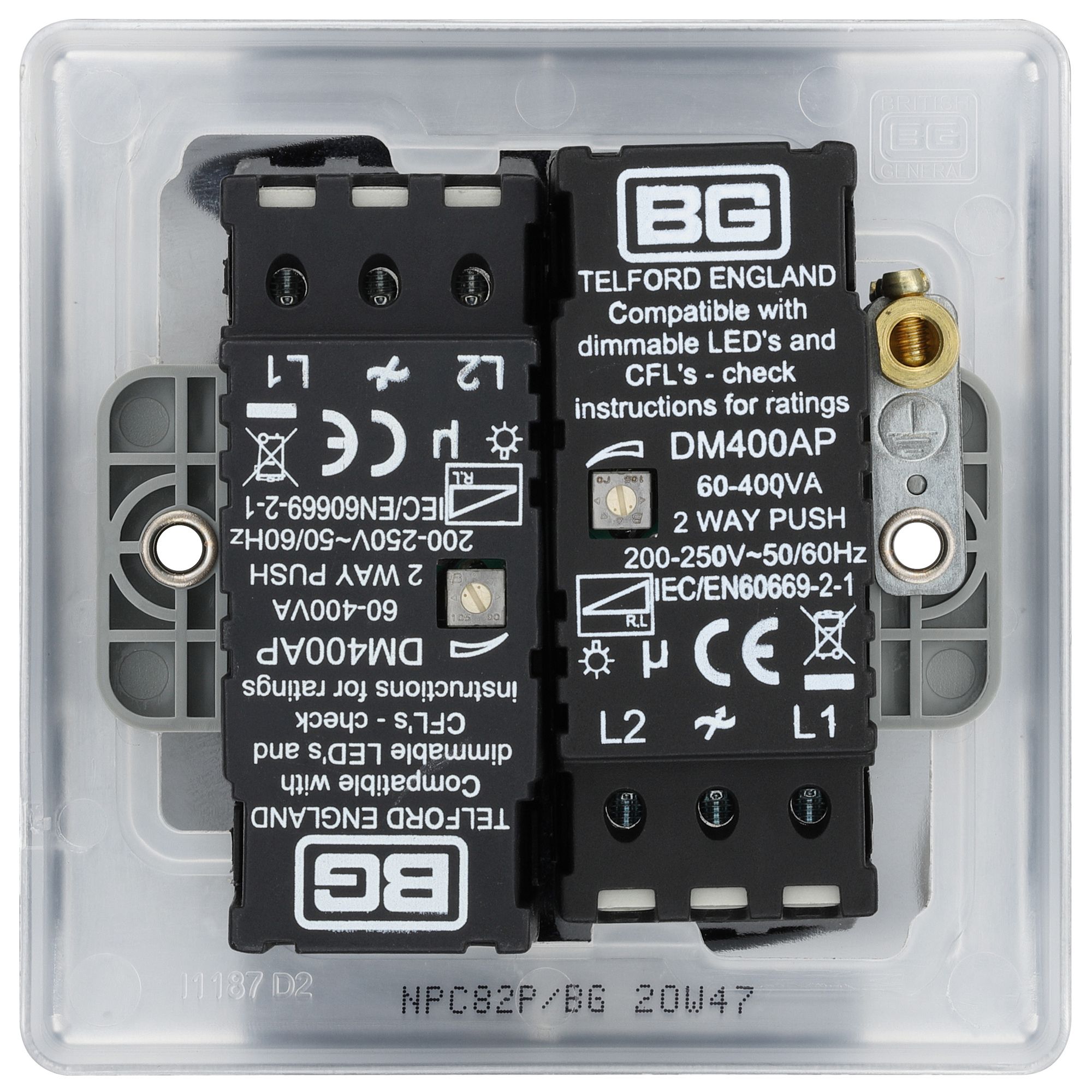 BG Raised slim Silver Chrome effect 2 gang profile Double 200W Dimmer switch - 8