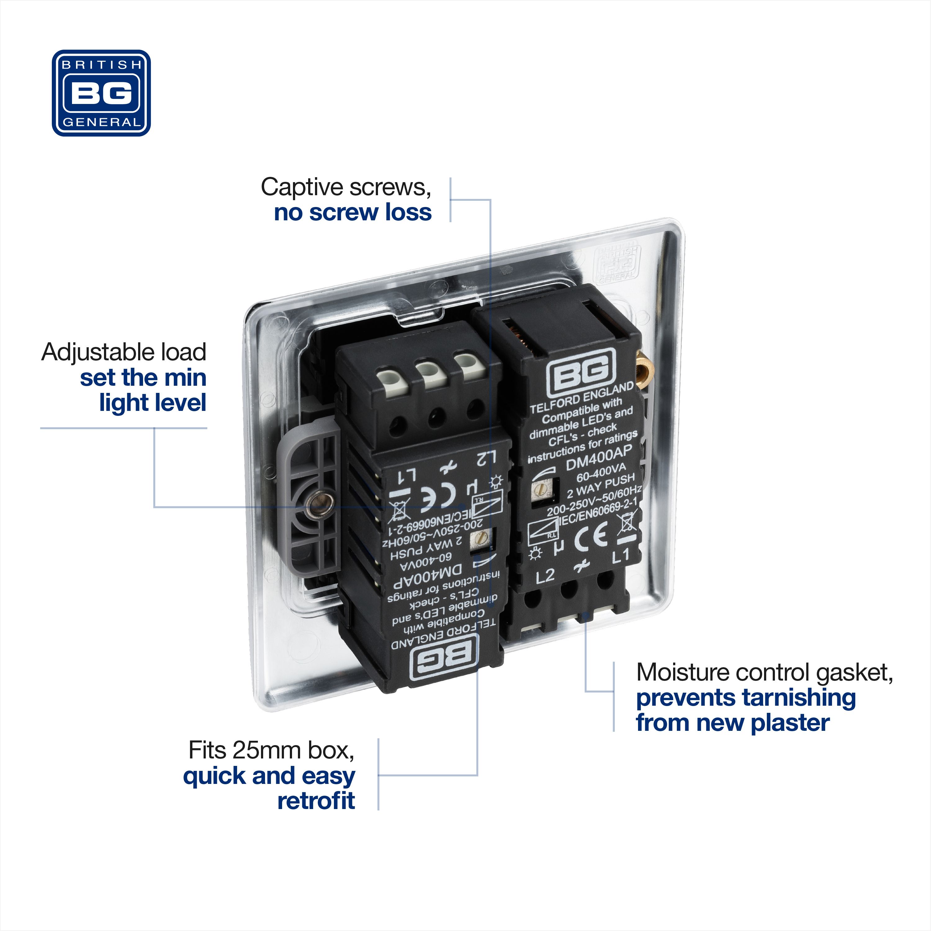 BG Raised slim Silver Chrome effect 2 gang profile Double 200W Dimmer switch - 5