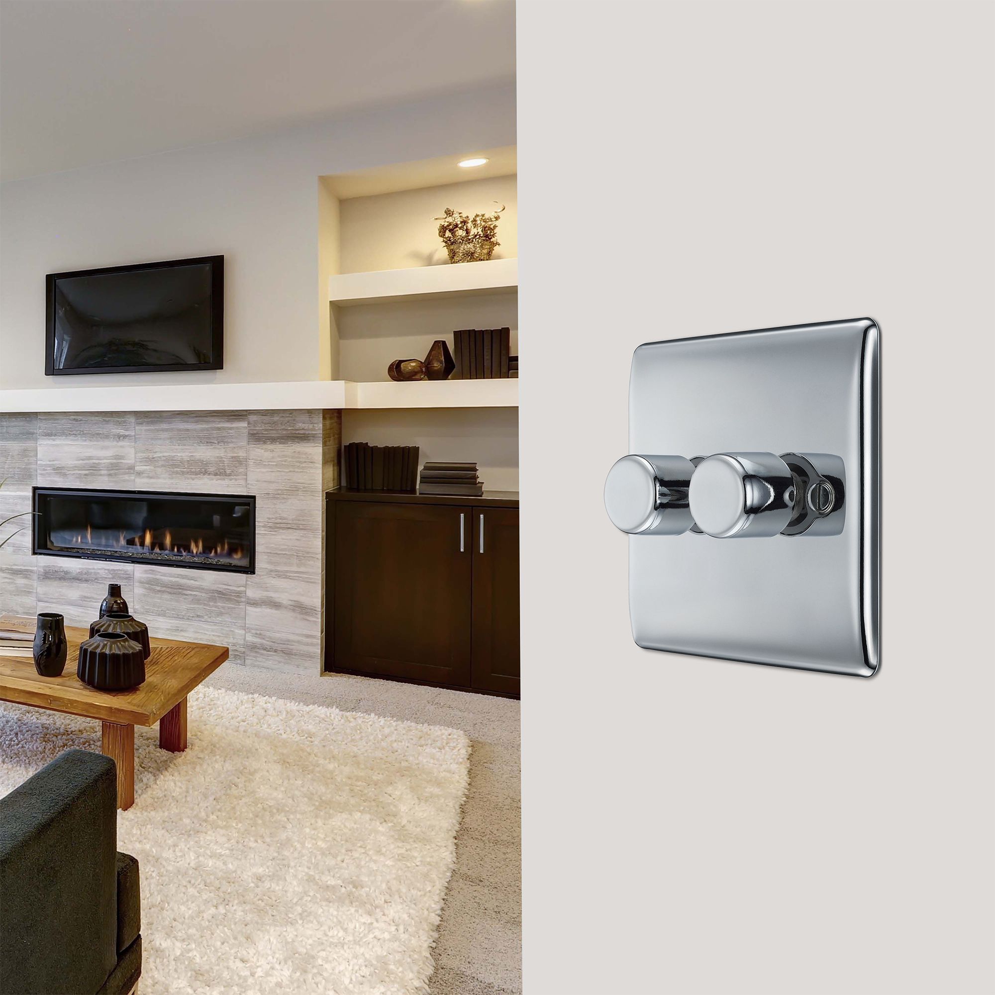 BG Raised slim Silver Chrome effect 2 gang profile Double 200W Dimmer switch - 7