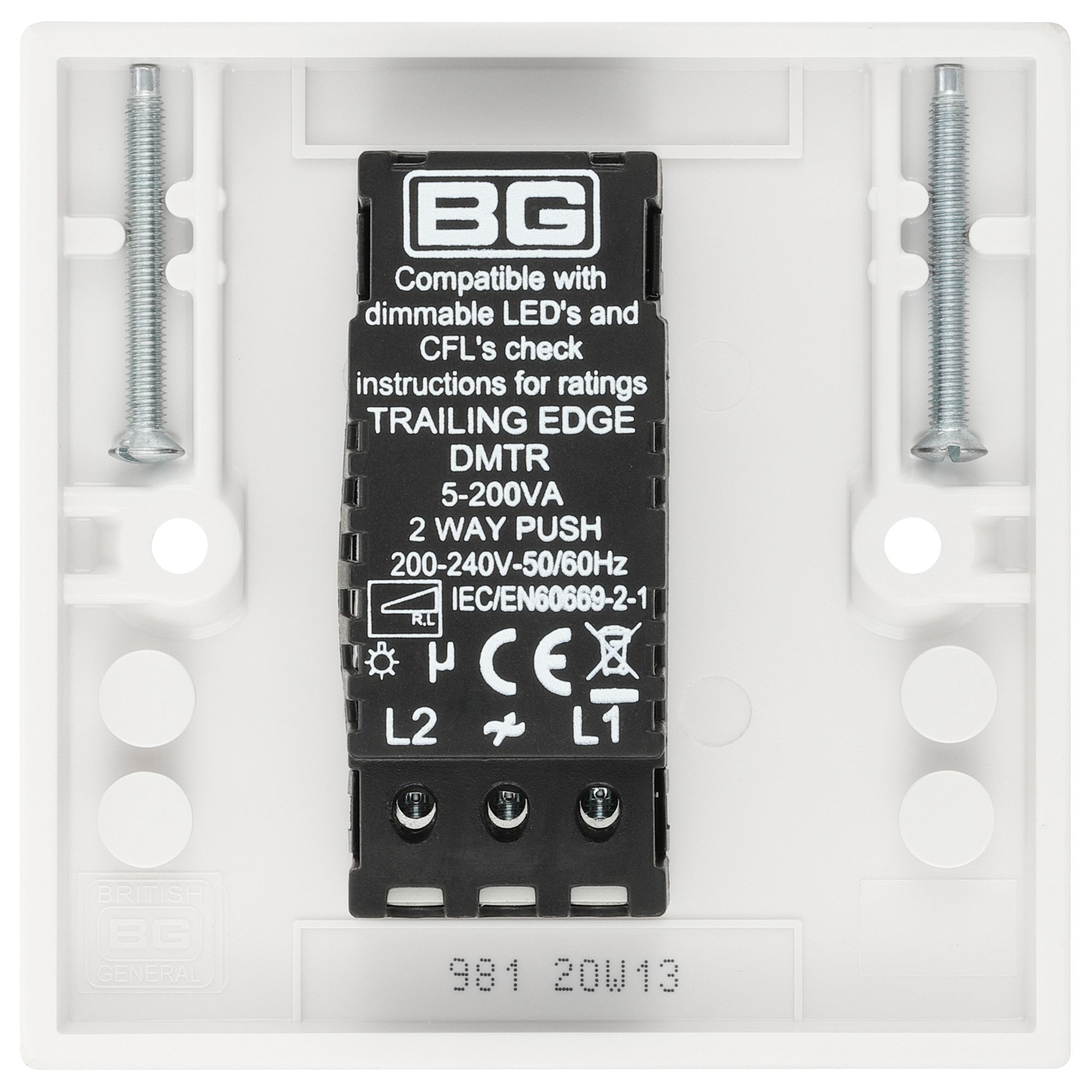 BG Raised square profile Single 2 way 200W Dimmer switch White 1 gang - 3