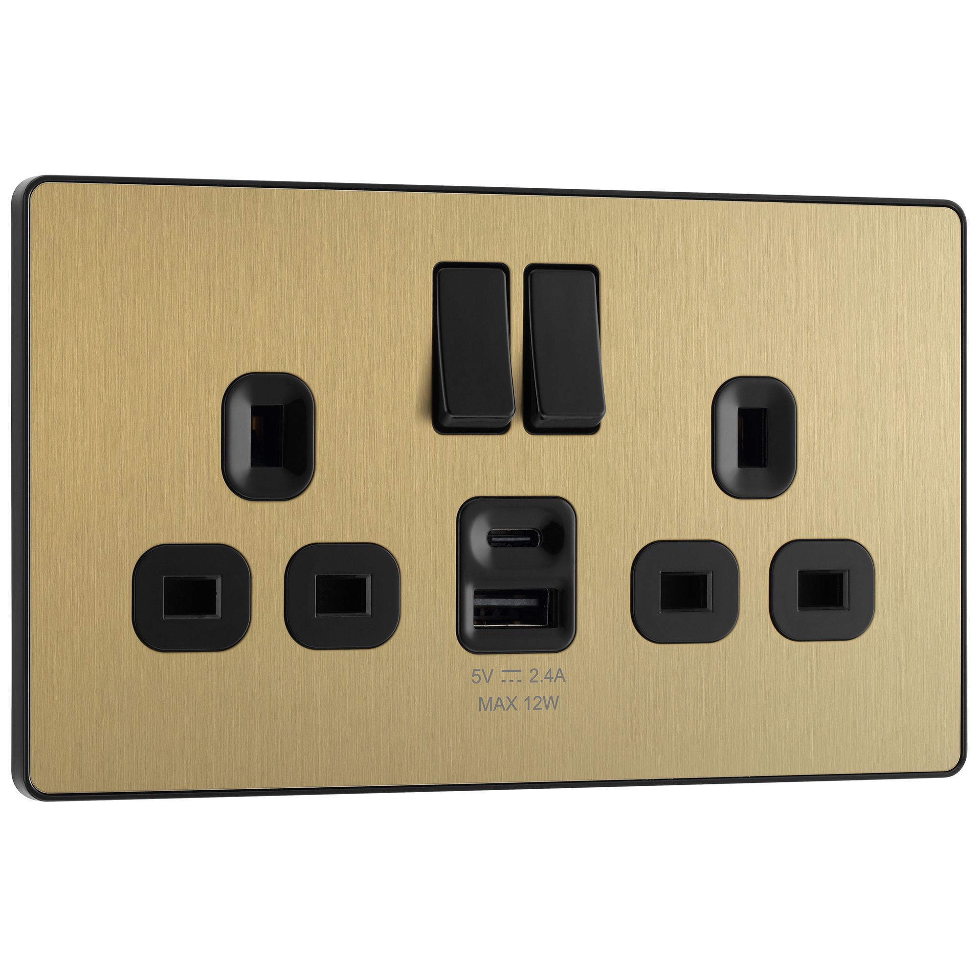 BG Satin Brass Double 13A Raised slim Switched Socket with USB, x2 & Black inserts