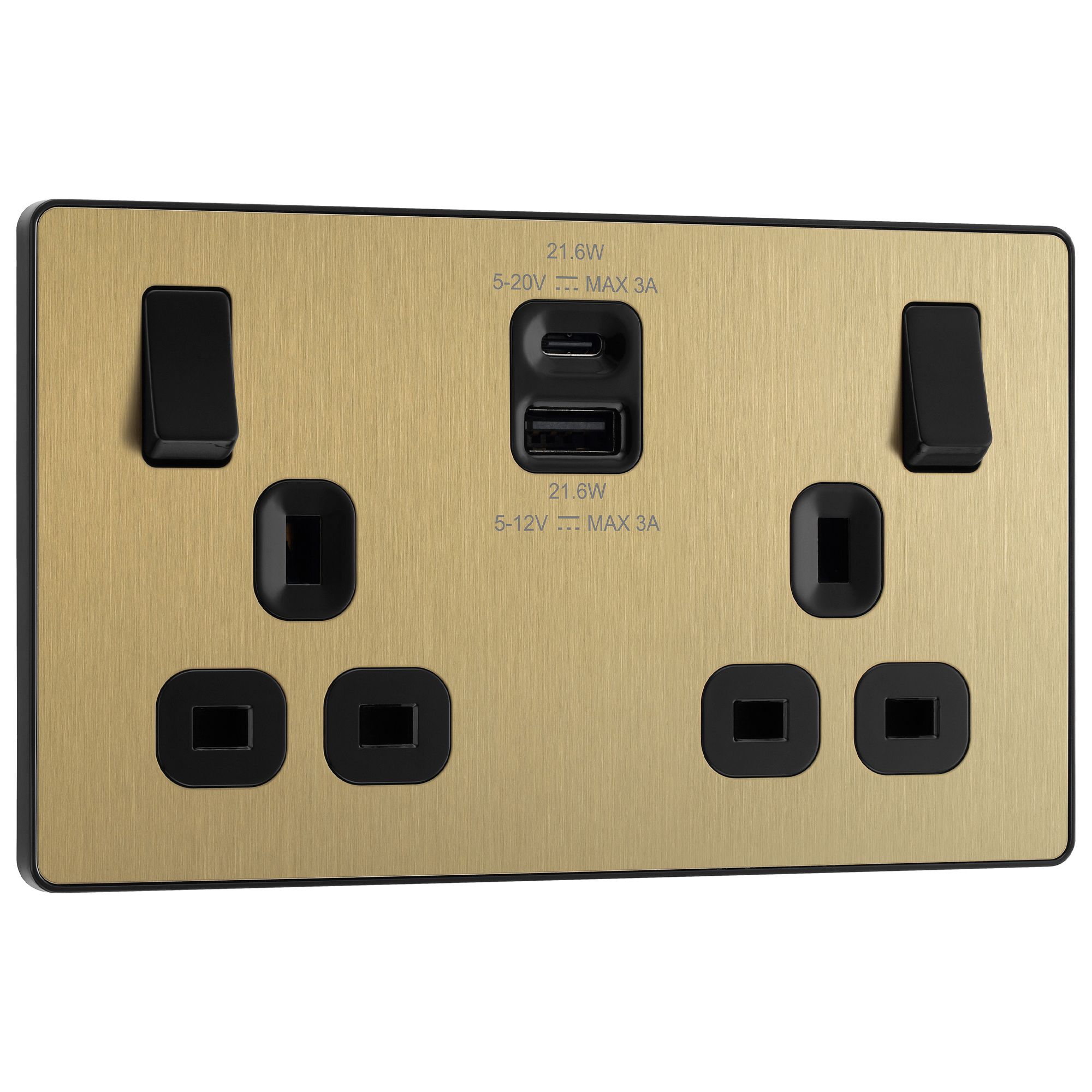 BG Satin Brass Double 13A Raised slim Switched Socket with USB, x2 & Black inserts