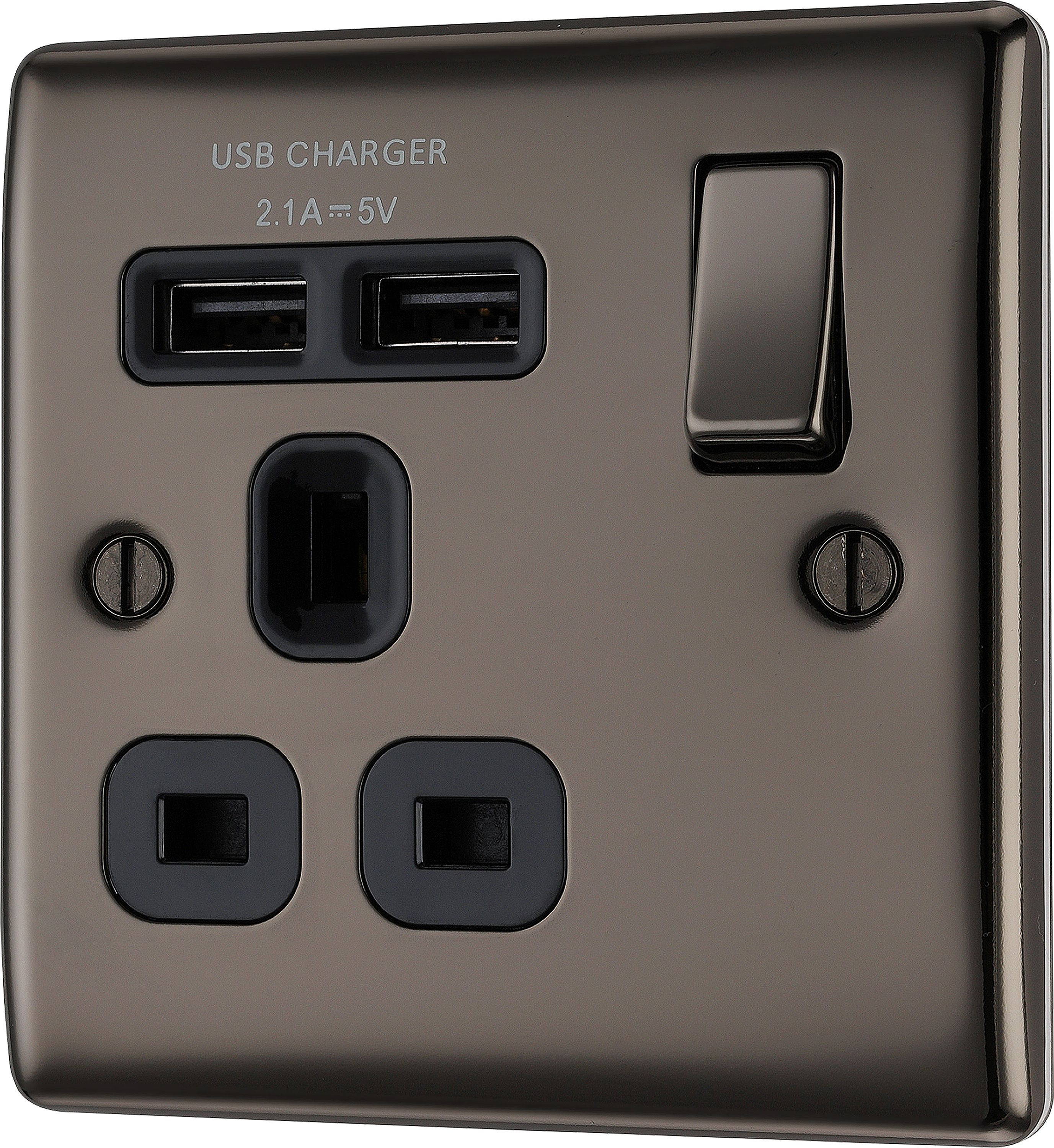 BG Single 13A Switched Gloss Black Socket with USB x2 2.1A