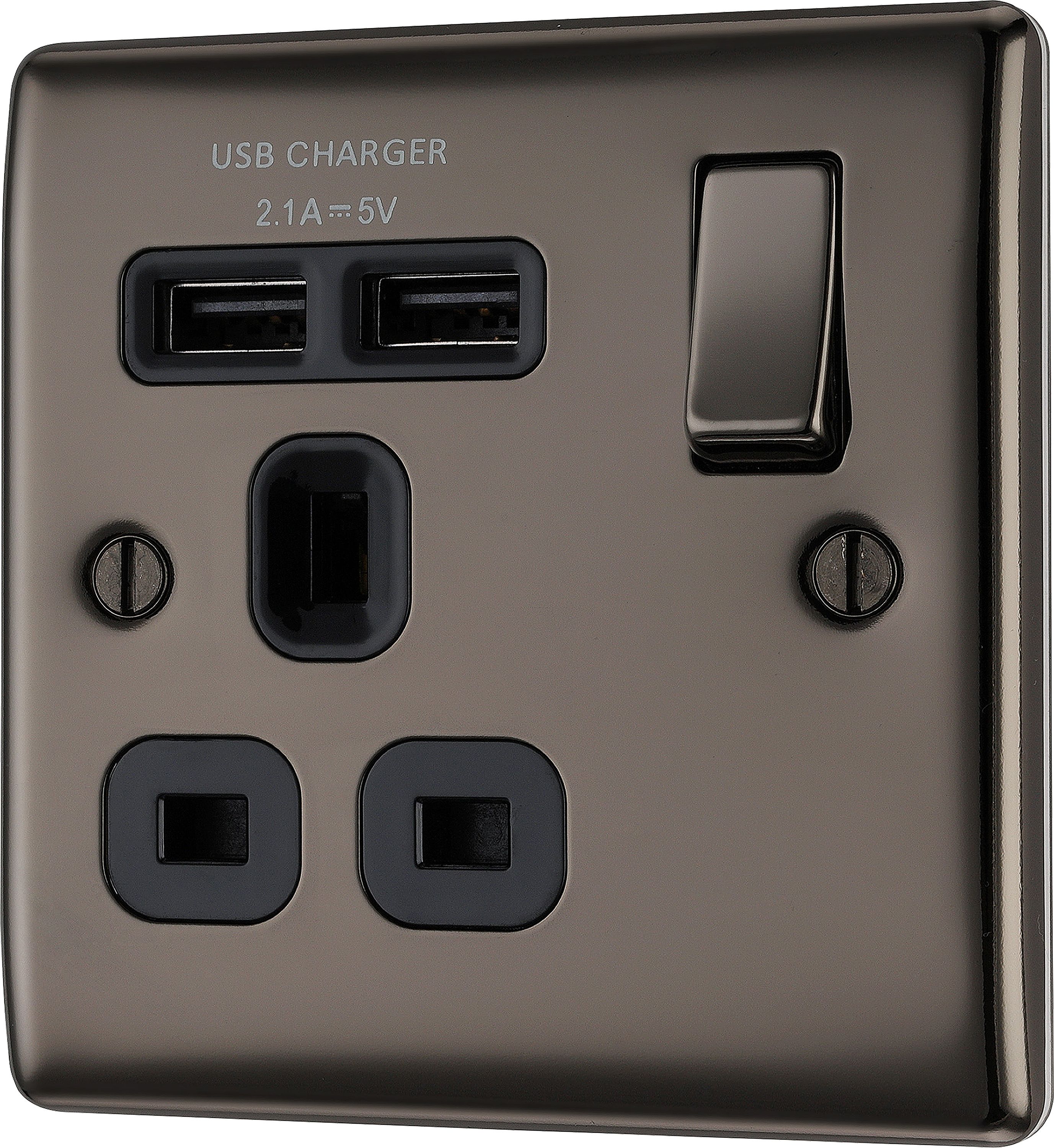 BG Single 13A Switched Gloss Black Socket with USB x2 2.1A DIY at B&Q