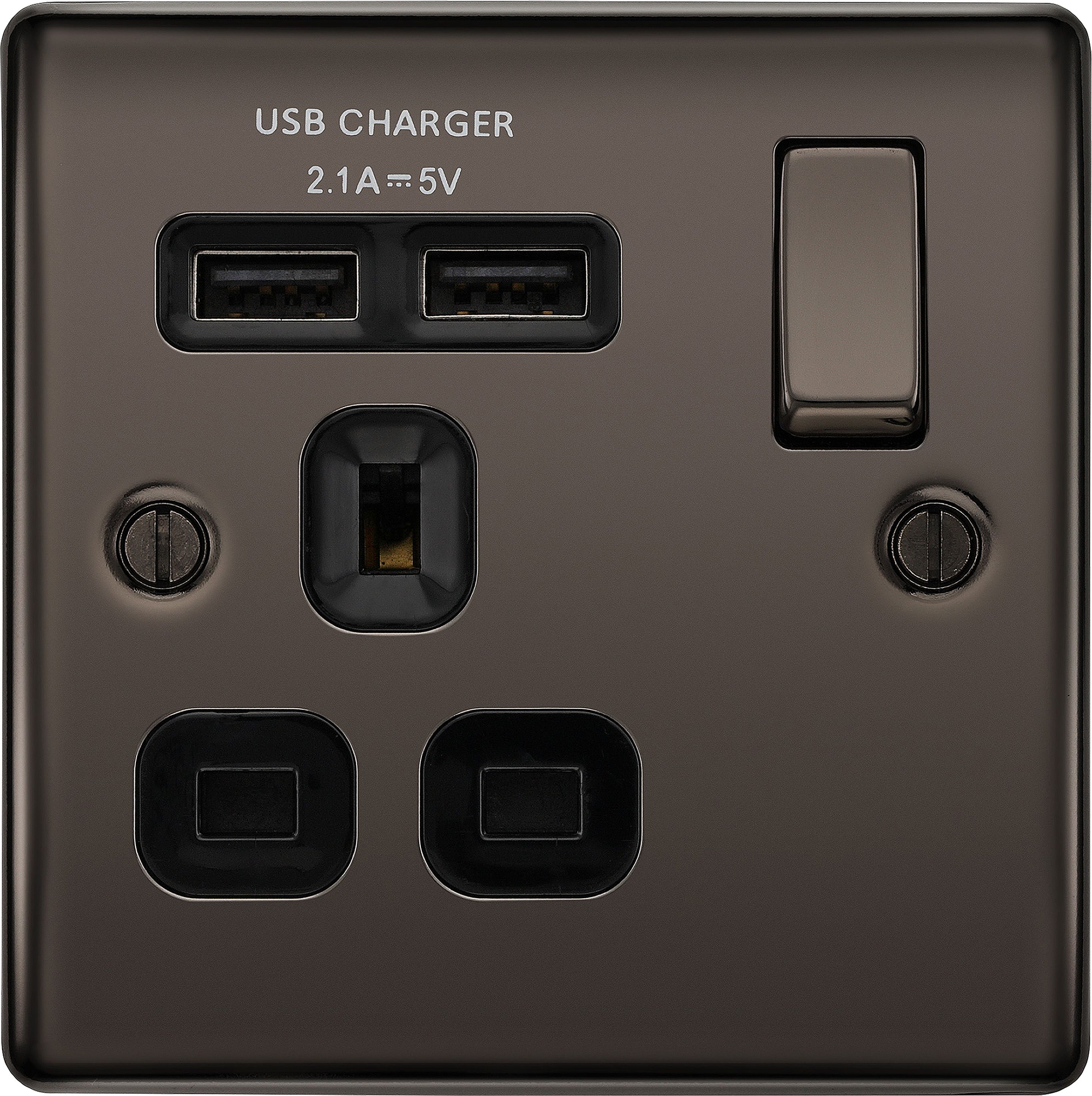 BG Single 13A Switched Gloss Black Socket with USB x2 2.1A