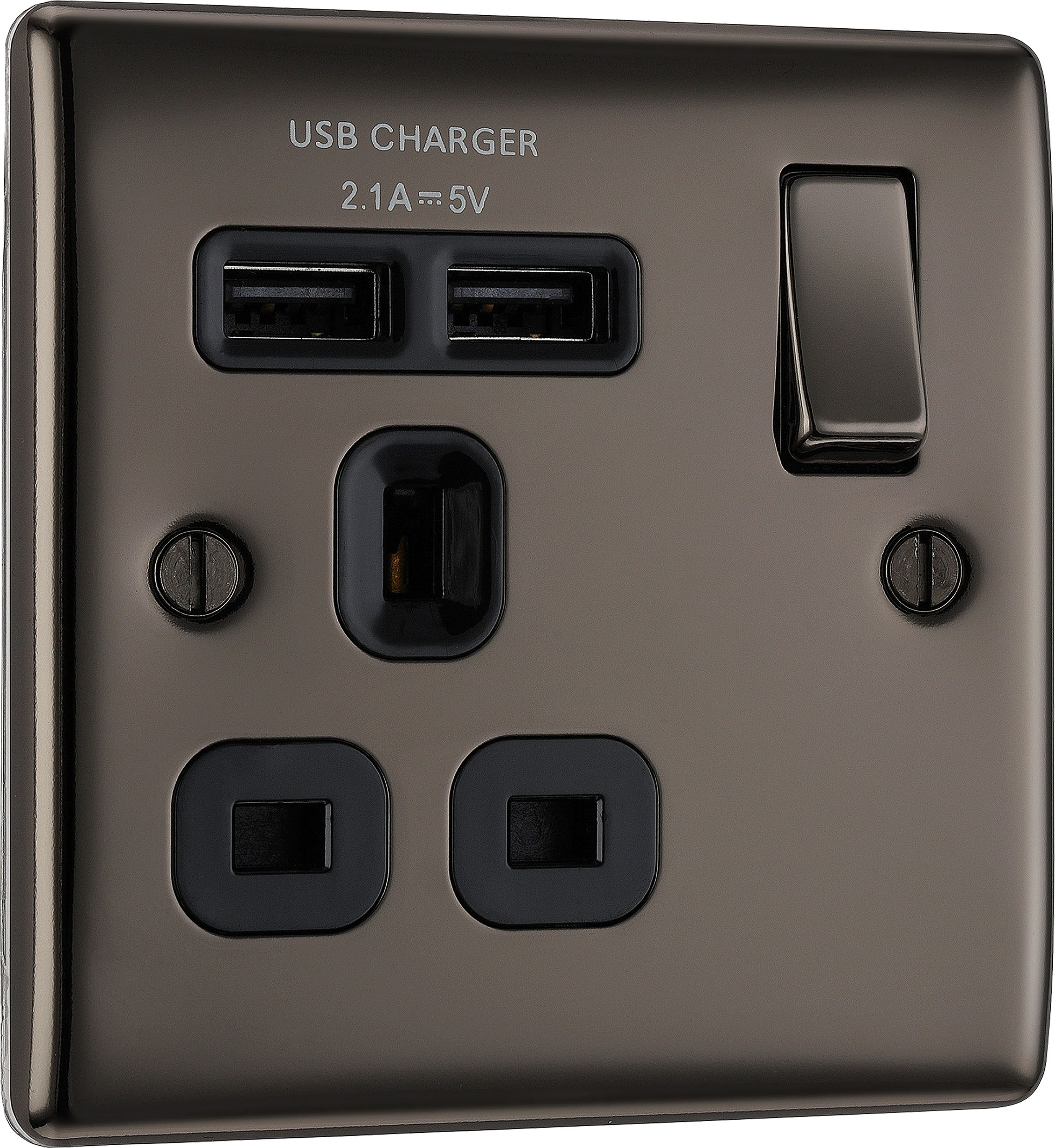 BG Single 13A Switched Gloss Black Socket with USB x2 2.1A - 3