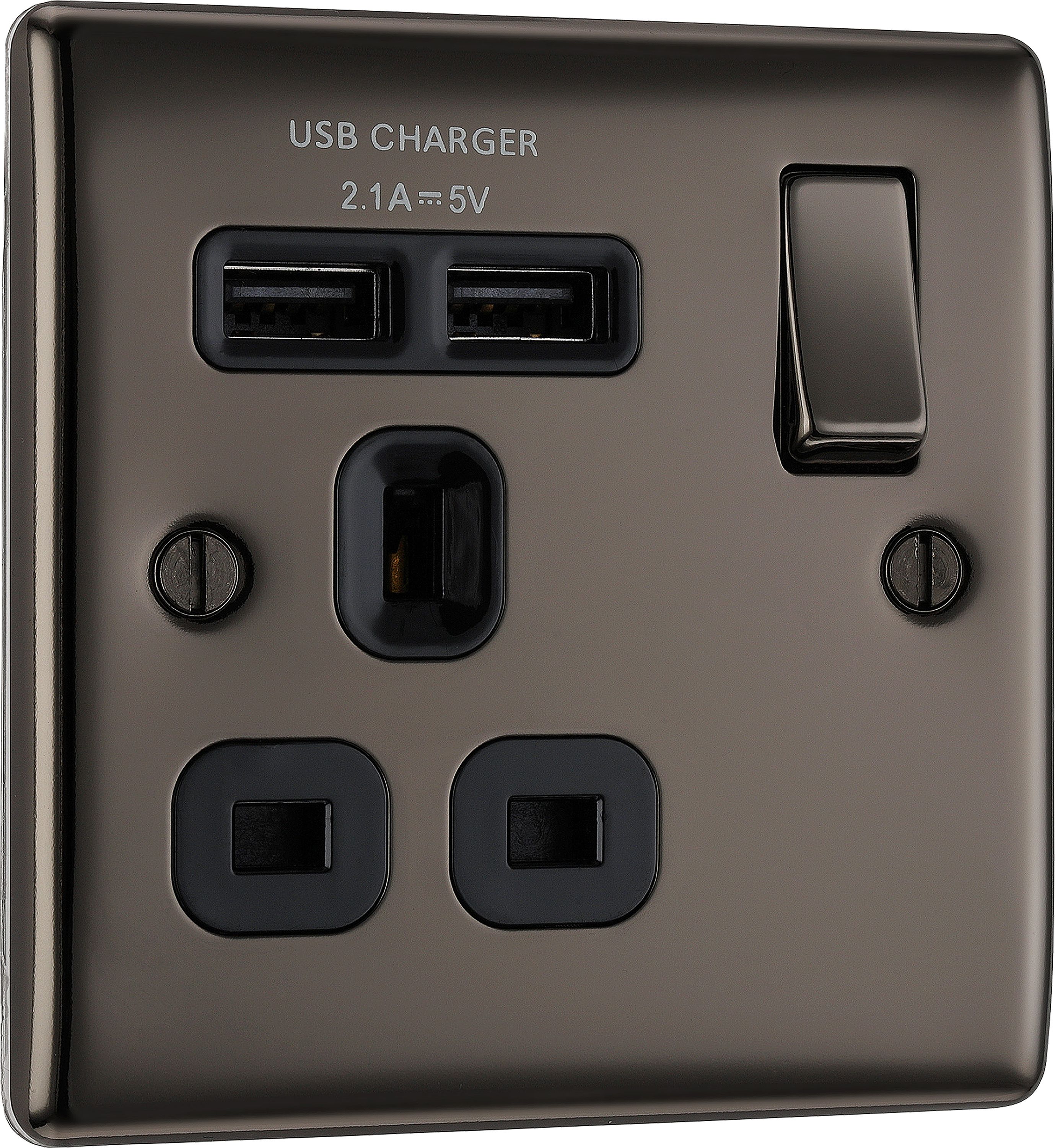 BG Single 13A Switched Gloss Black Socket with USB x2 2.1A