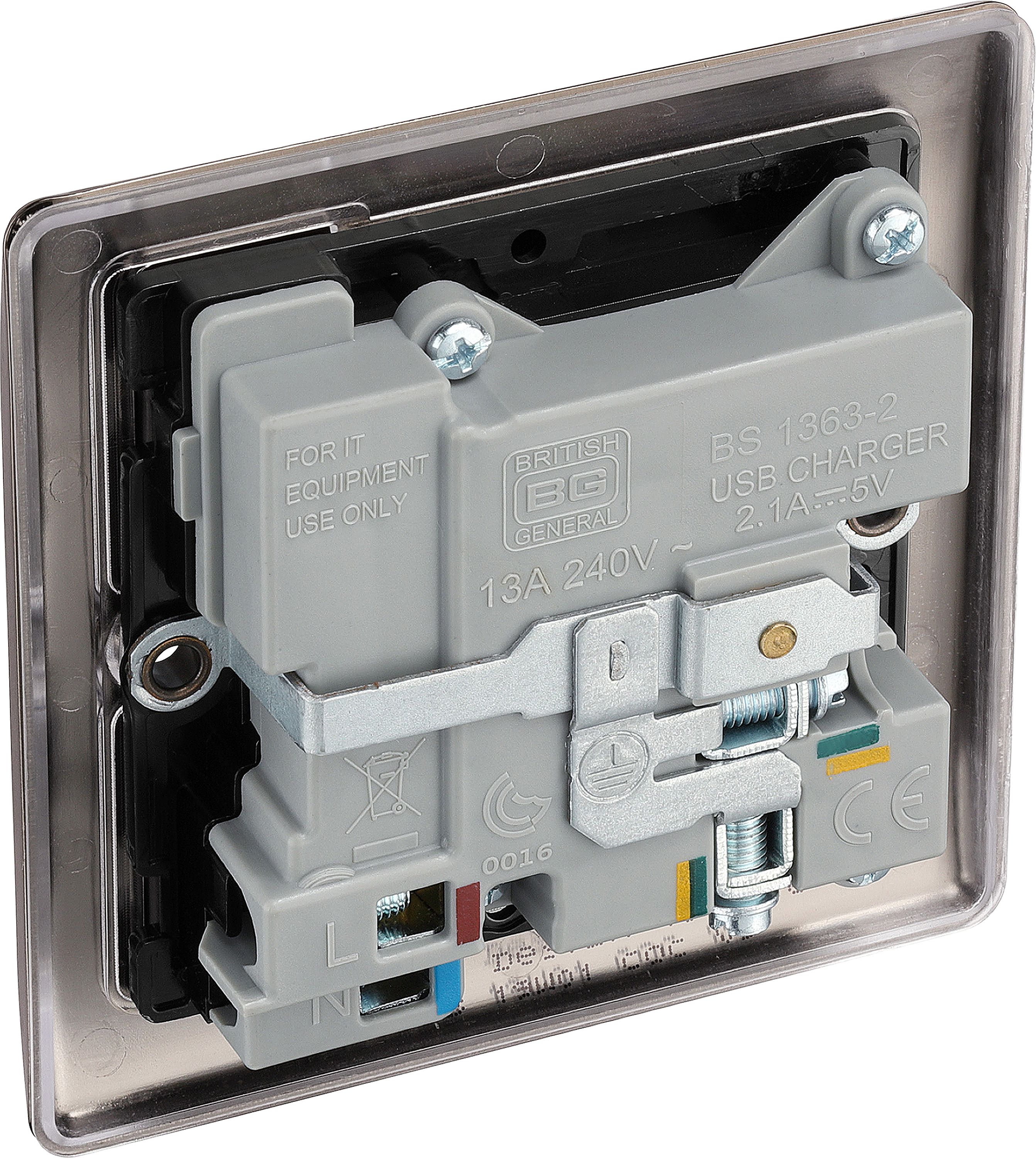 BG Single 13A Switched Gloss Black Socket with USB x2 2.1A - 6