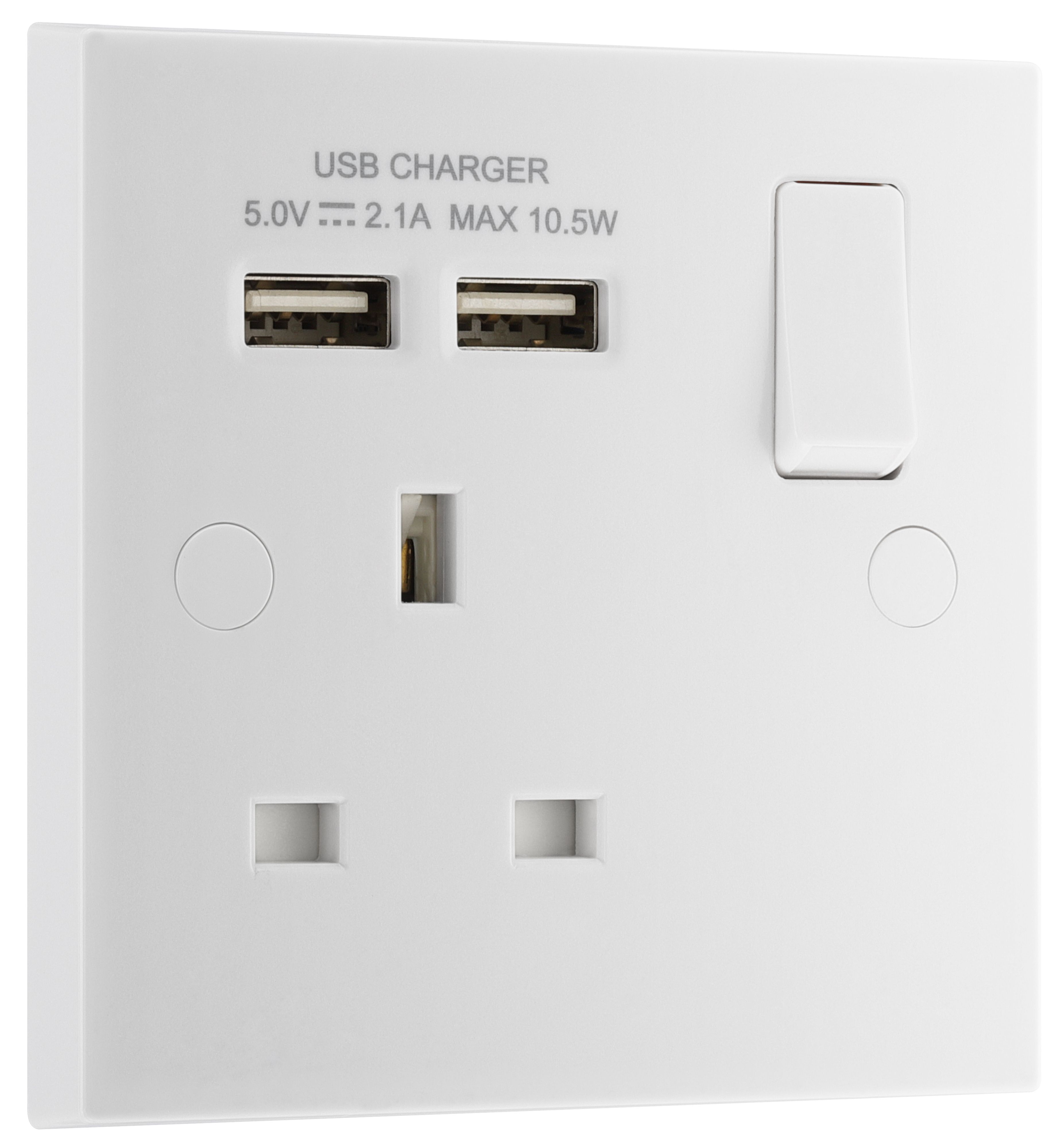 BG Single 13A Switched Gloss White Socket with USB x2 2.1A - 3