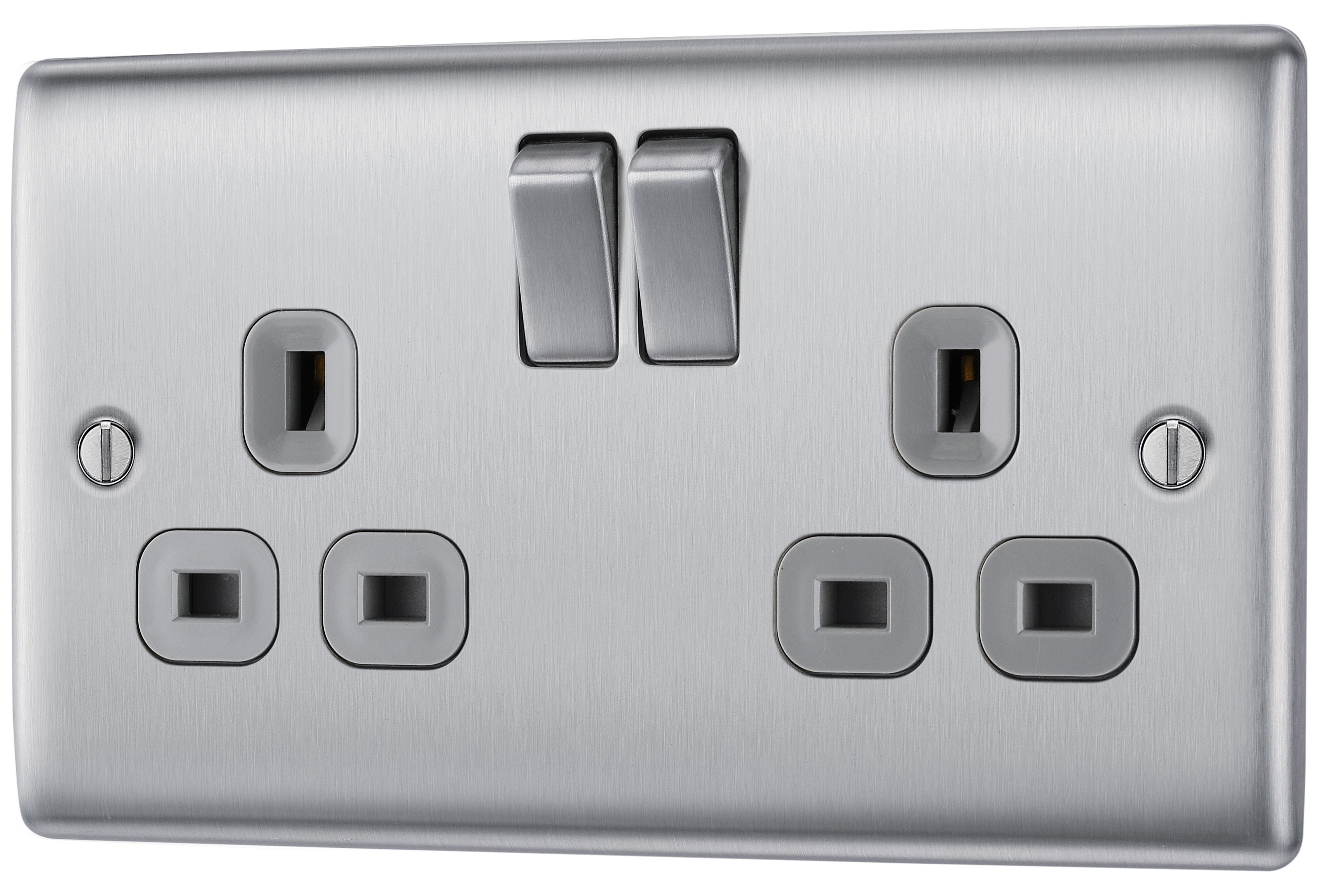 BG Steel effect Double 13A Matt Silver Socket 2 poles