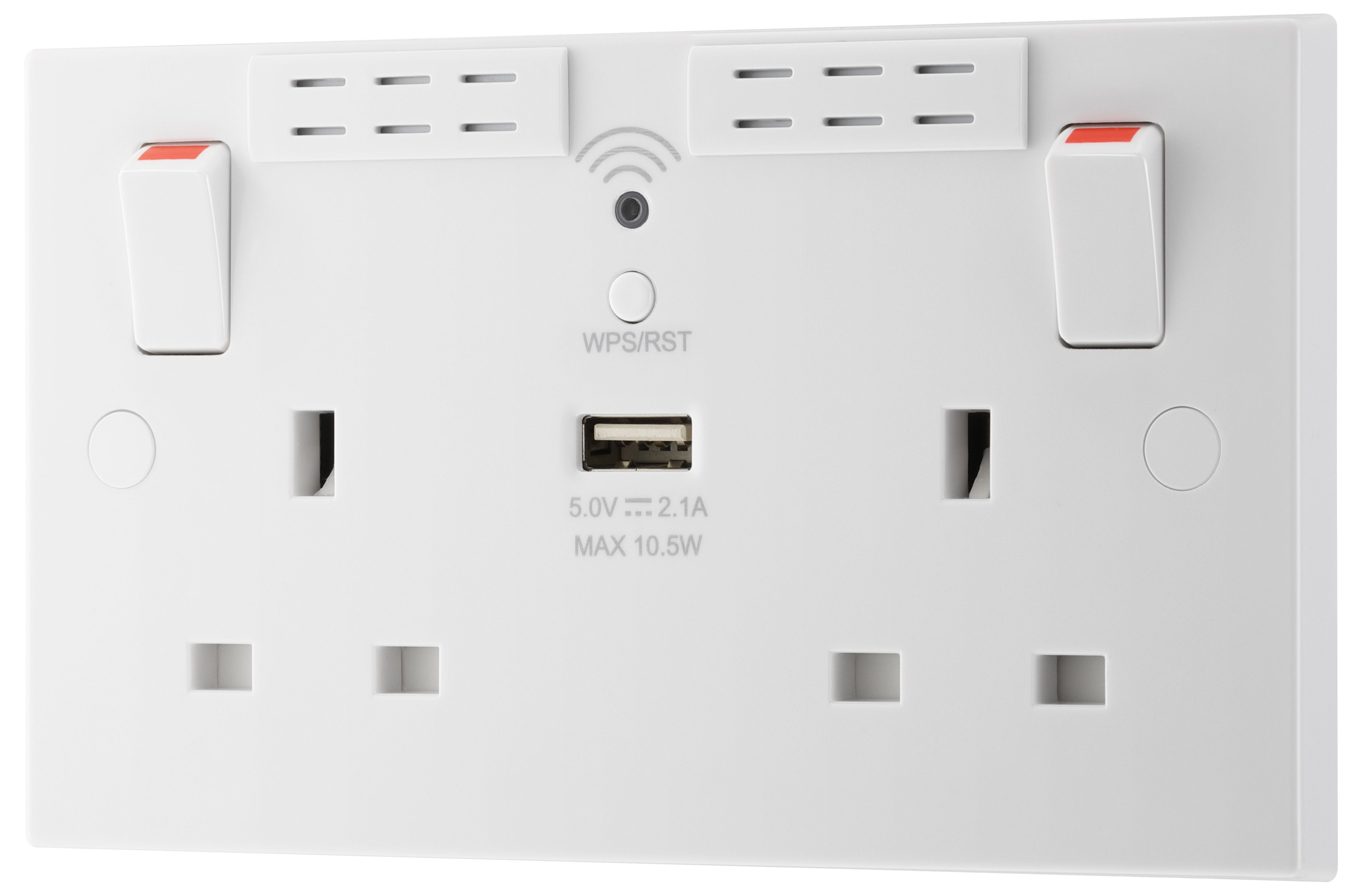 BG White 13A Raised square Switched Double WiFi extender socket with