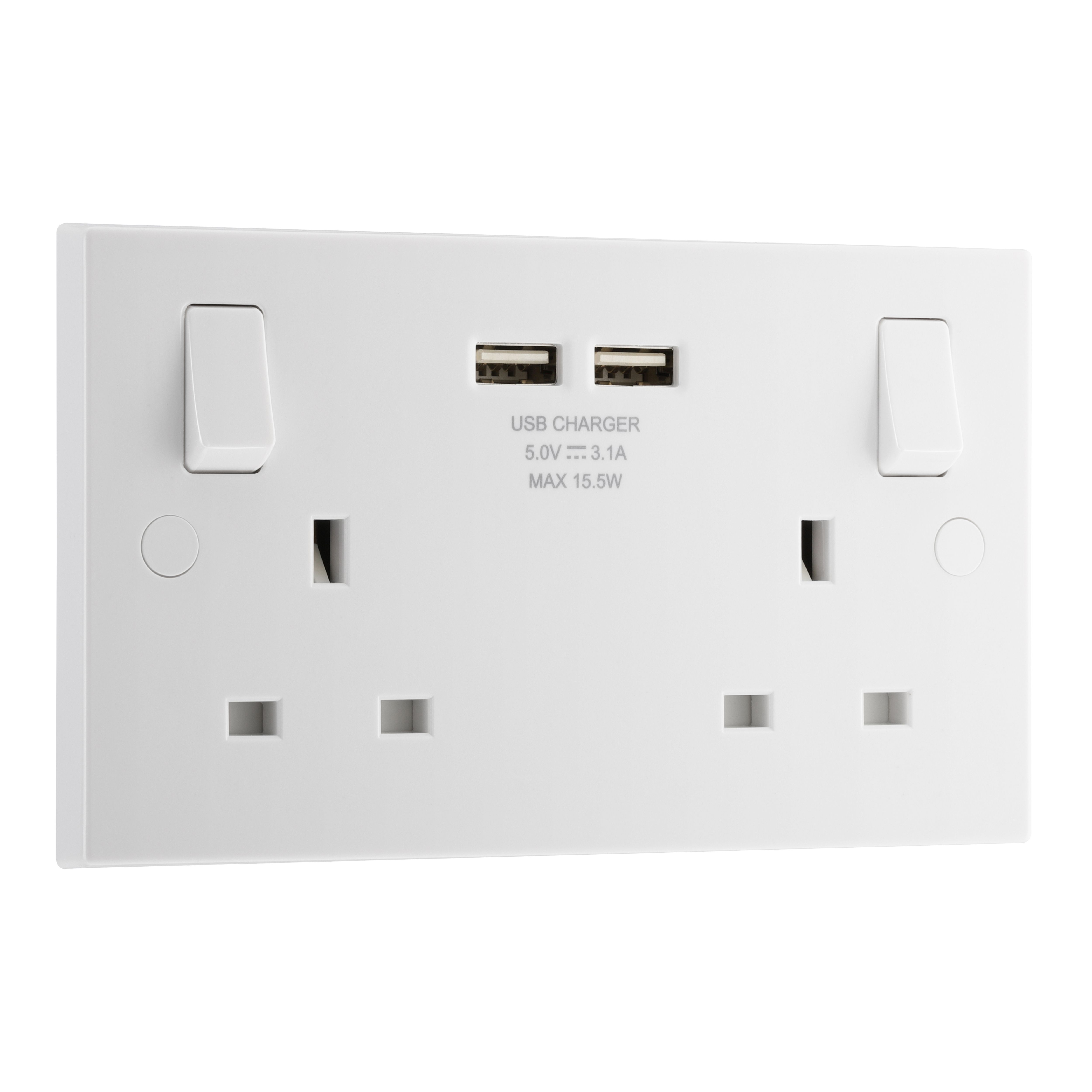 BG White Double 13A Raised square Switched Screwed Socket with USB, 3.1 x2 & White inserts