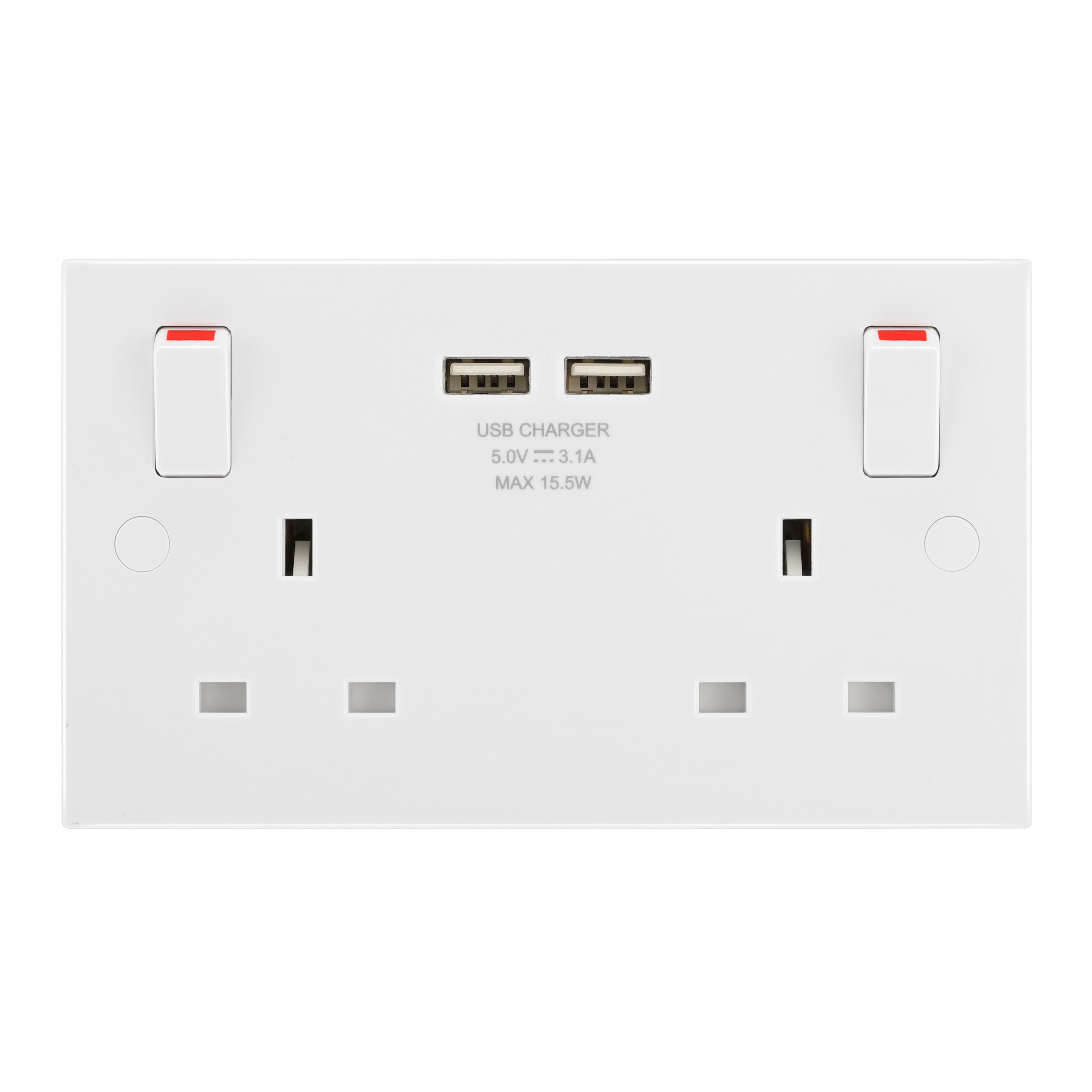 BG White Double 13A Raised square Switched Screwed Socket with USB, 3.1 x2 & White inserts