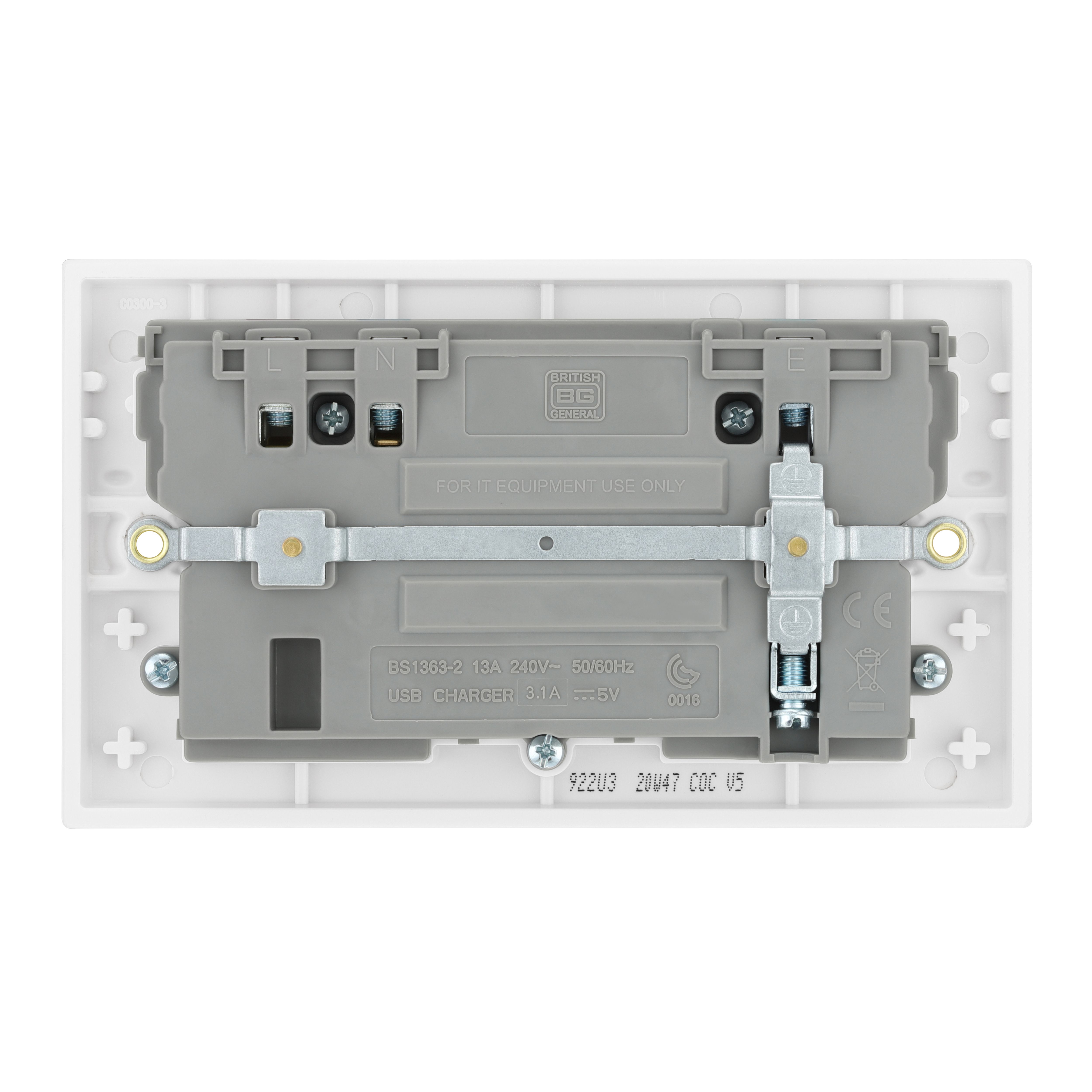 BG White Double 13A Raised square Switched Screwed Socket with USB, 3.1 x2 & White inserts