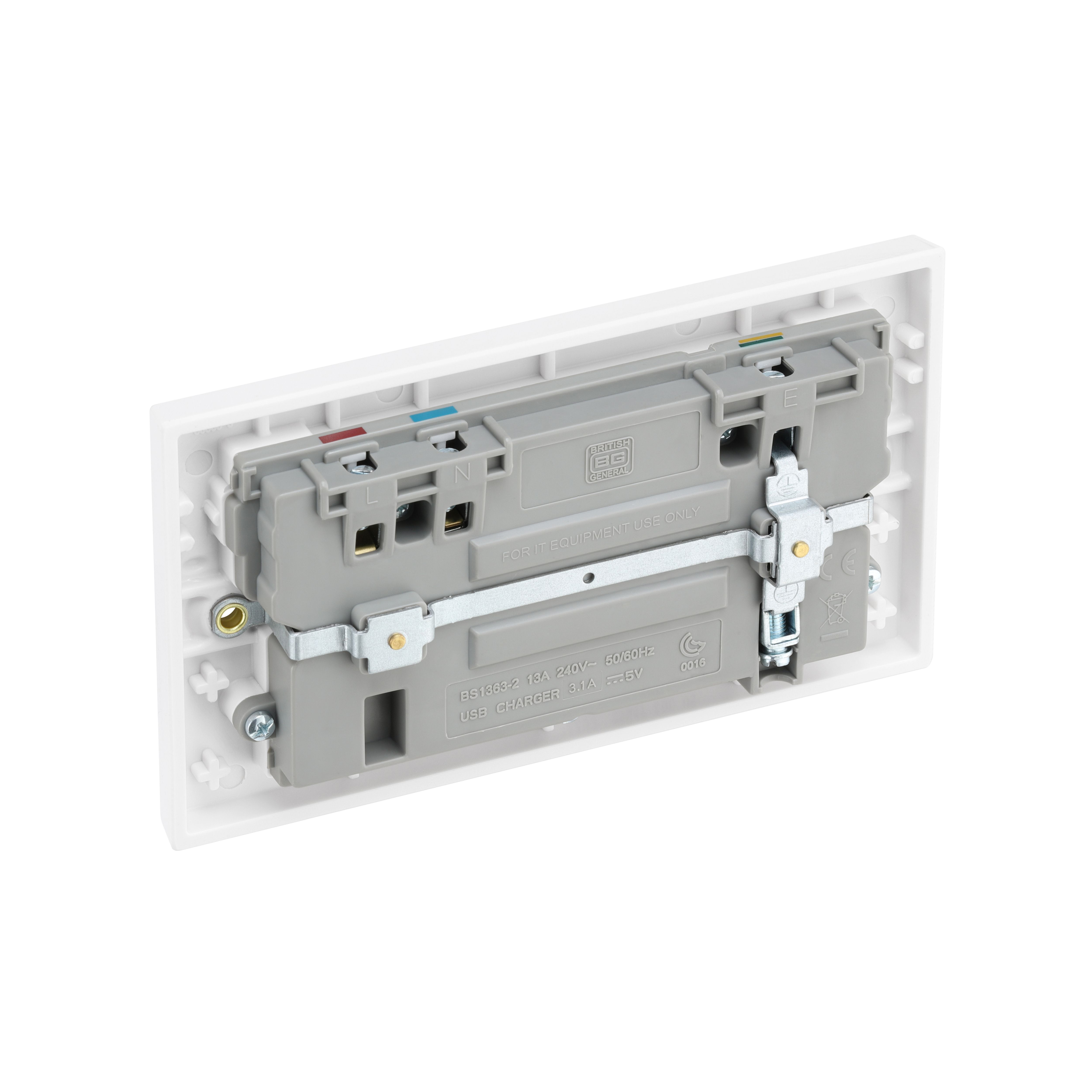 BG White Double 13A Raised square Switched Screwed Socket with USB, 3.1 x2 & White inserts