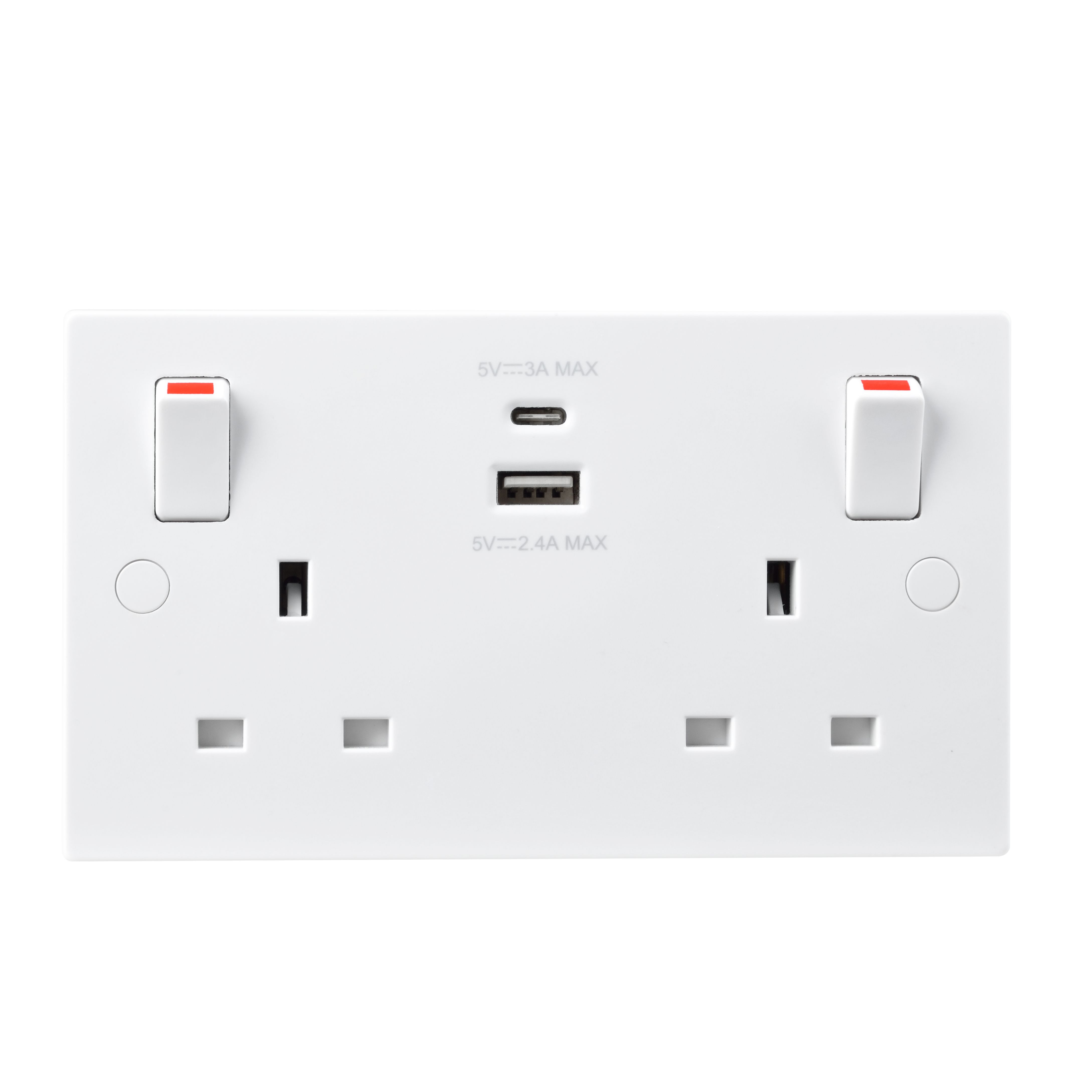 BG White Double 13A Raised square Switched Screwed Socket with USB, 4.2 x2 & White inserts