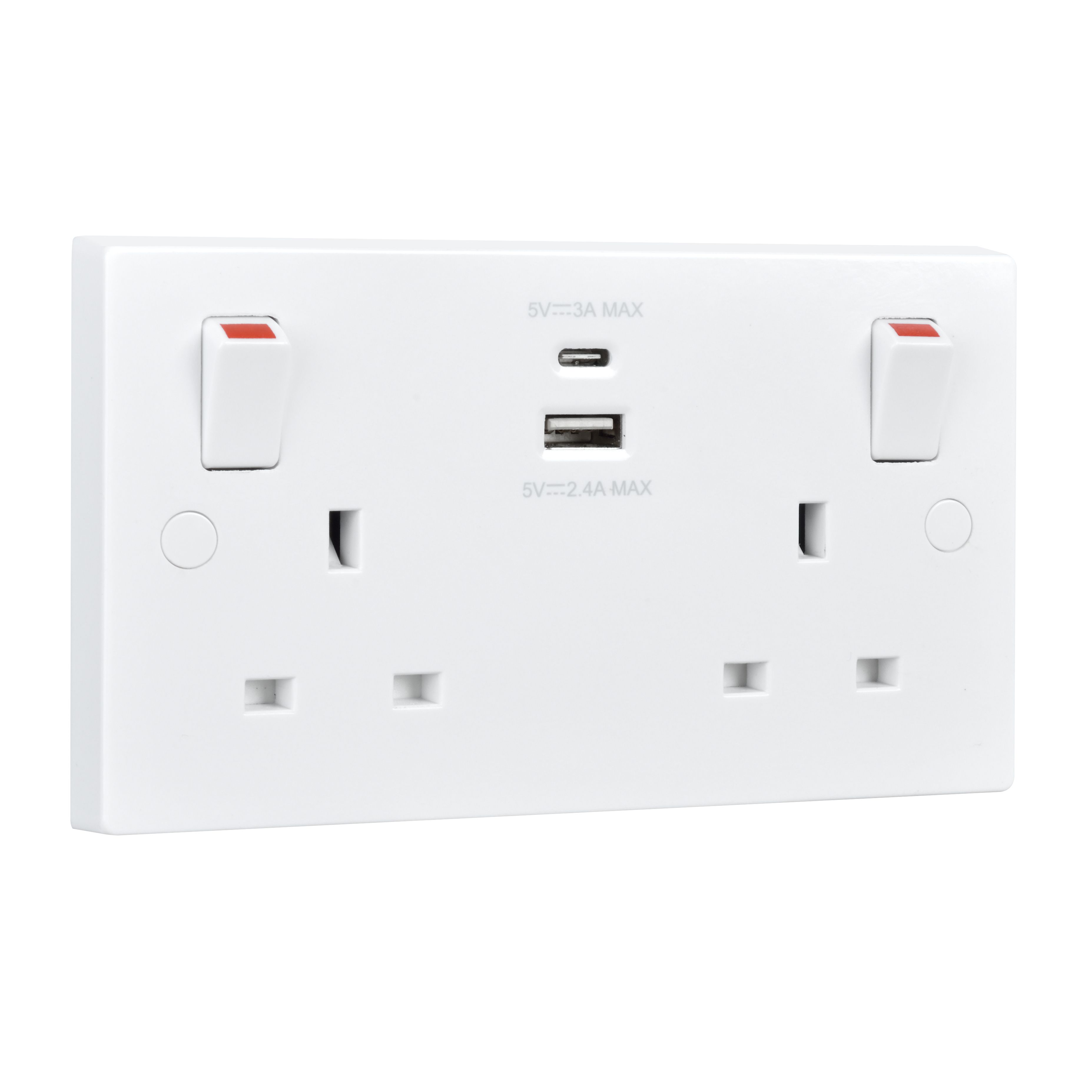 BG White Double 13A Raised square Switched Screwed Socket with USB, 4.2 x2 & White inserts