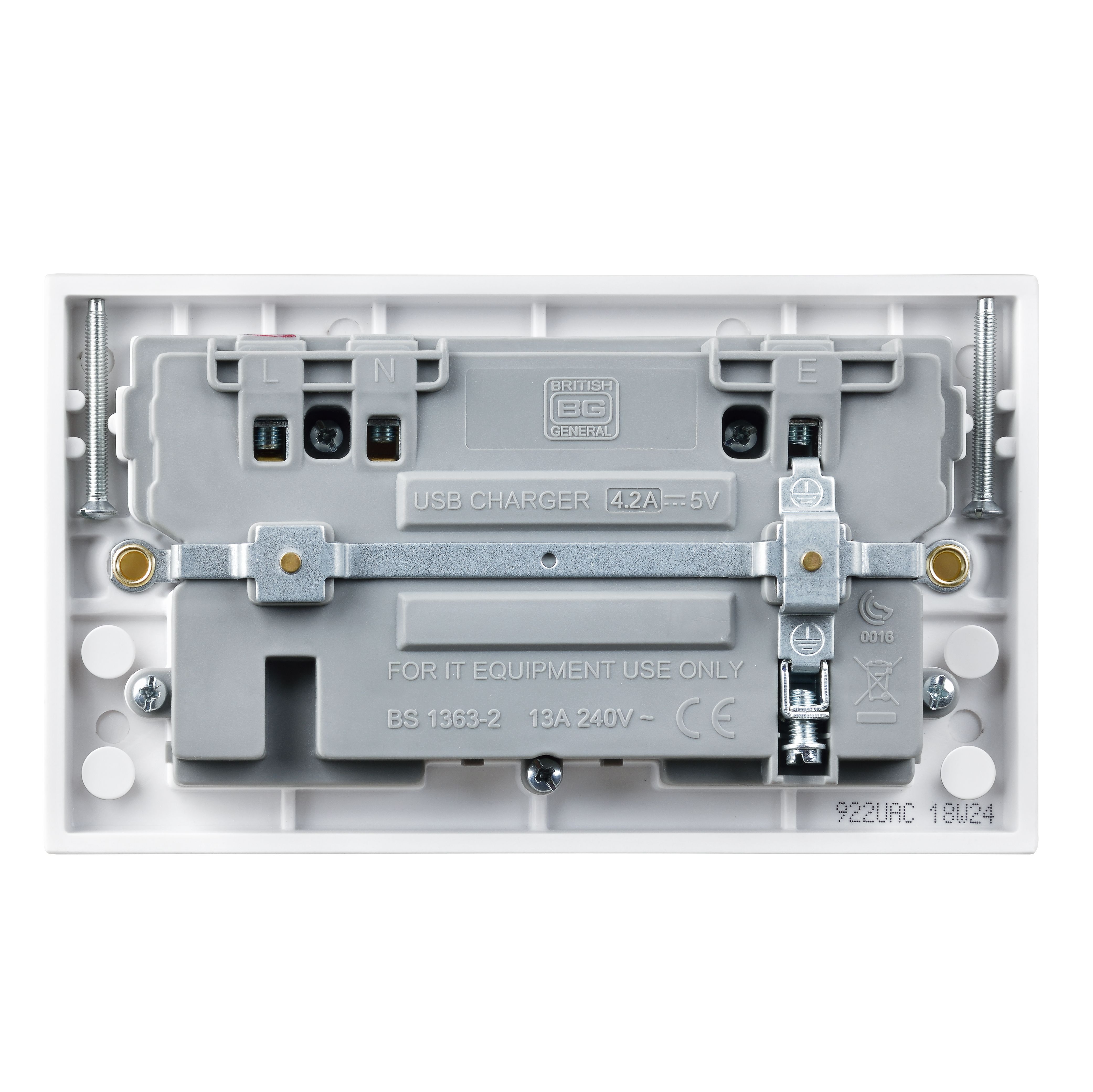 BG White Double 13A Raised square Switched Screwed Socket with USB, 4.2 x2 & White inserts