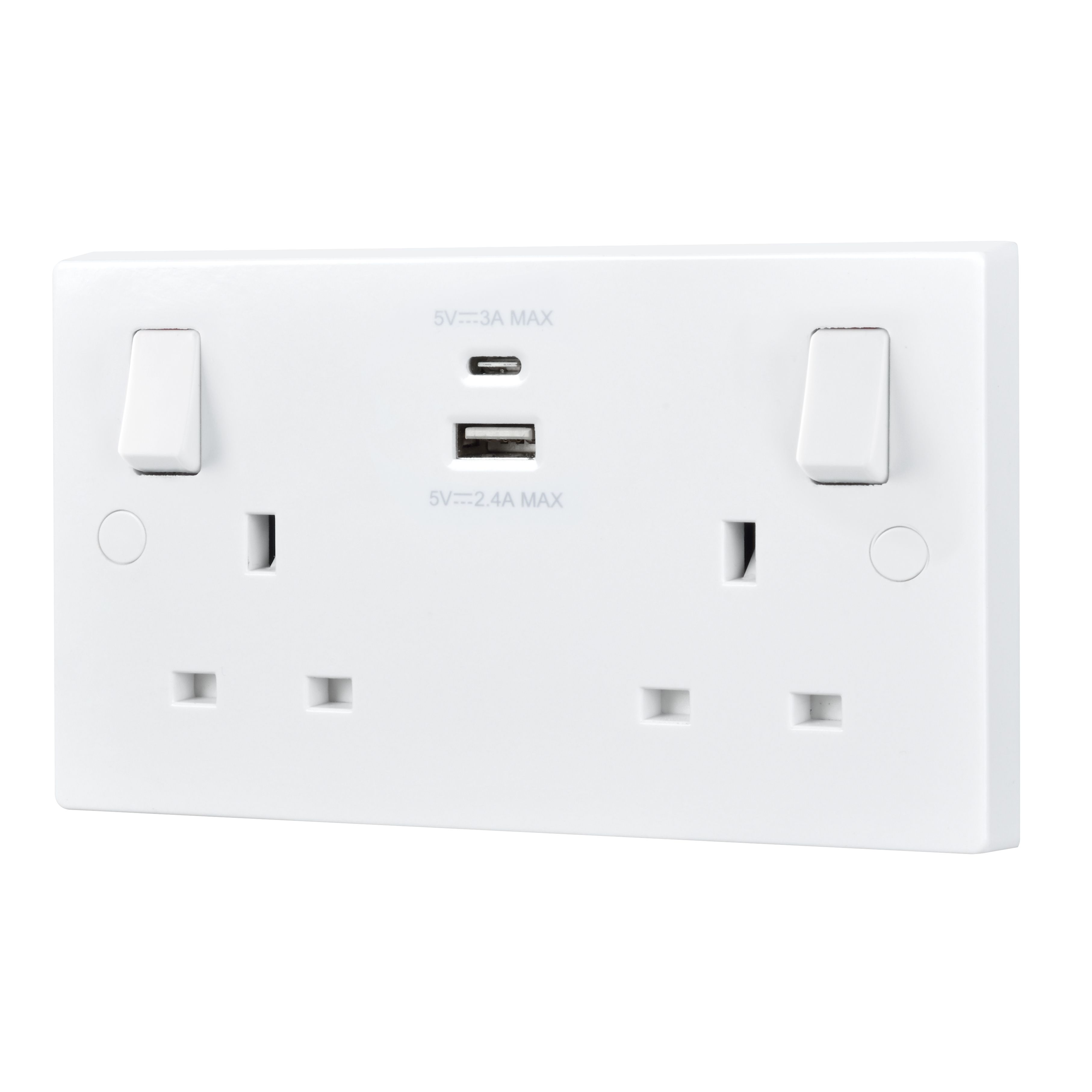 BG White Double 13A Raised square Switched Screwed Socket with USB, 4.2 x2 & White inserts