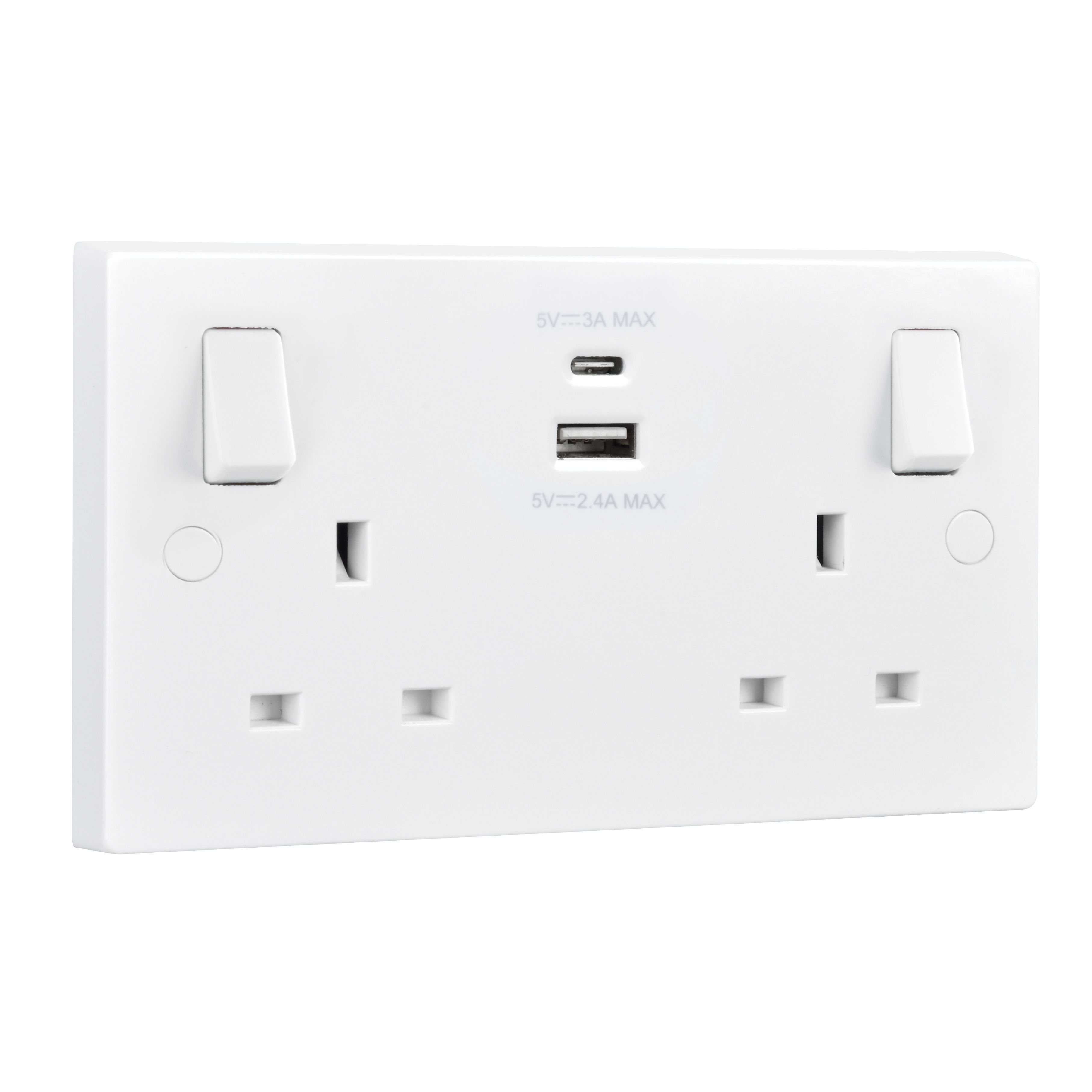 BG White Double 13A Raised square Switched Screwed Socket with USB, 4.2 x2 & White inserts