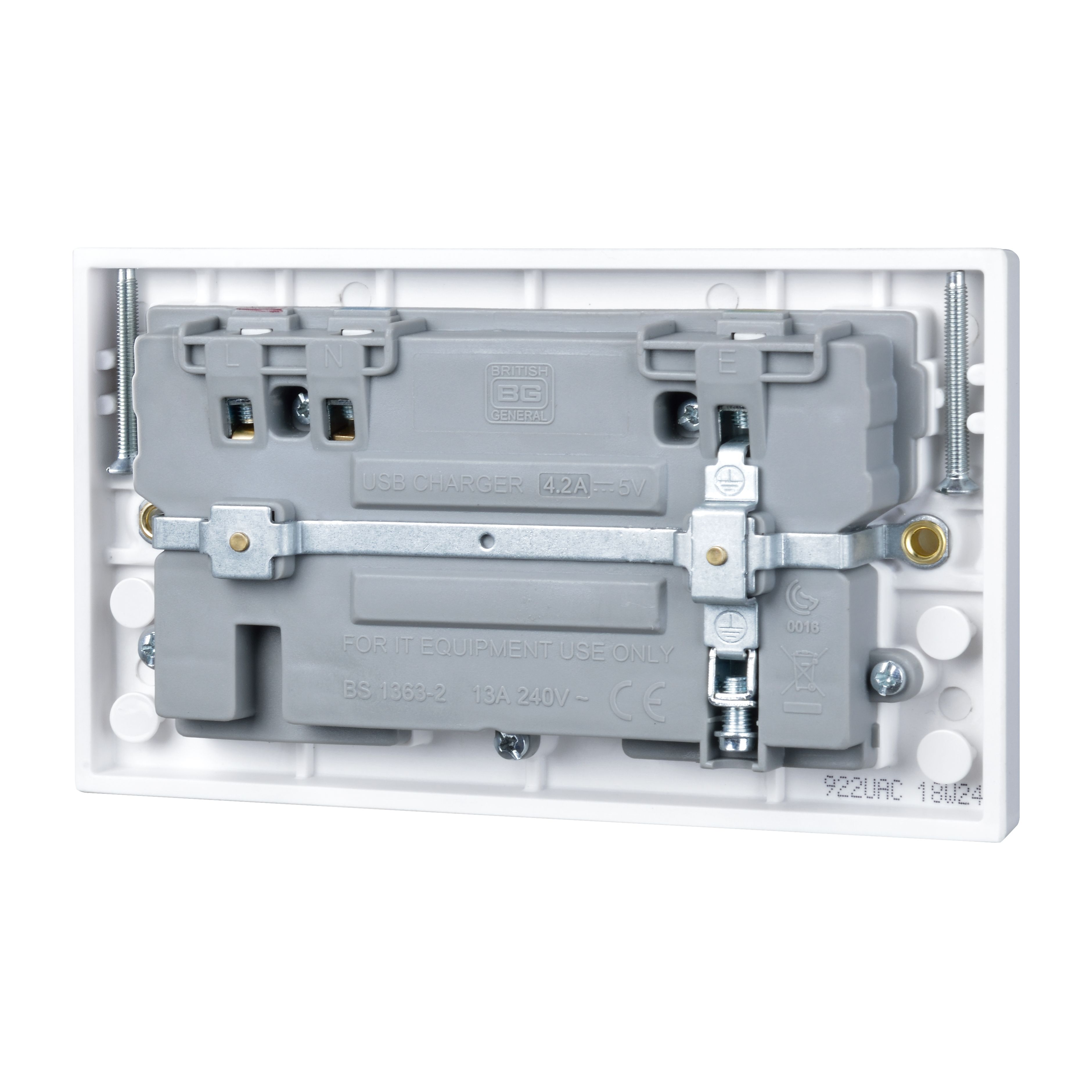 BG White Double 13A Raised square Switched Screwed Socket with USB, 4.2 x2 & White inserts
