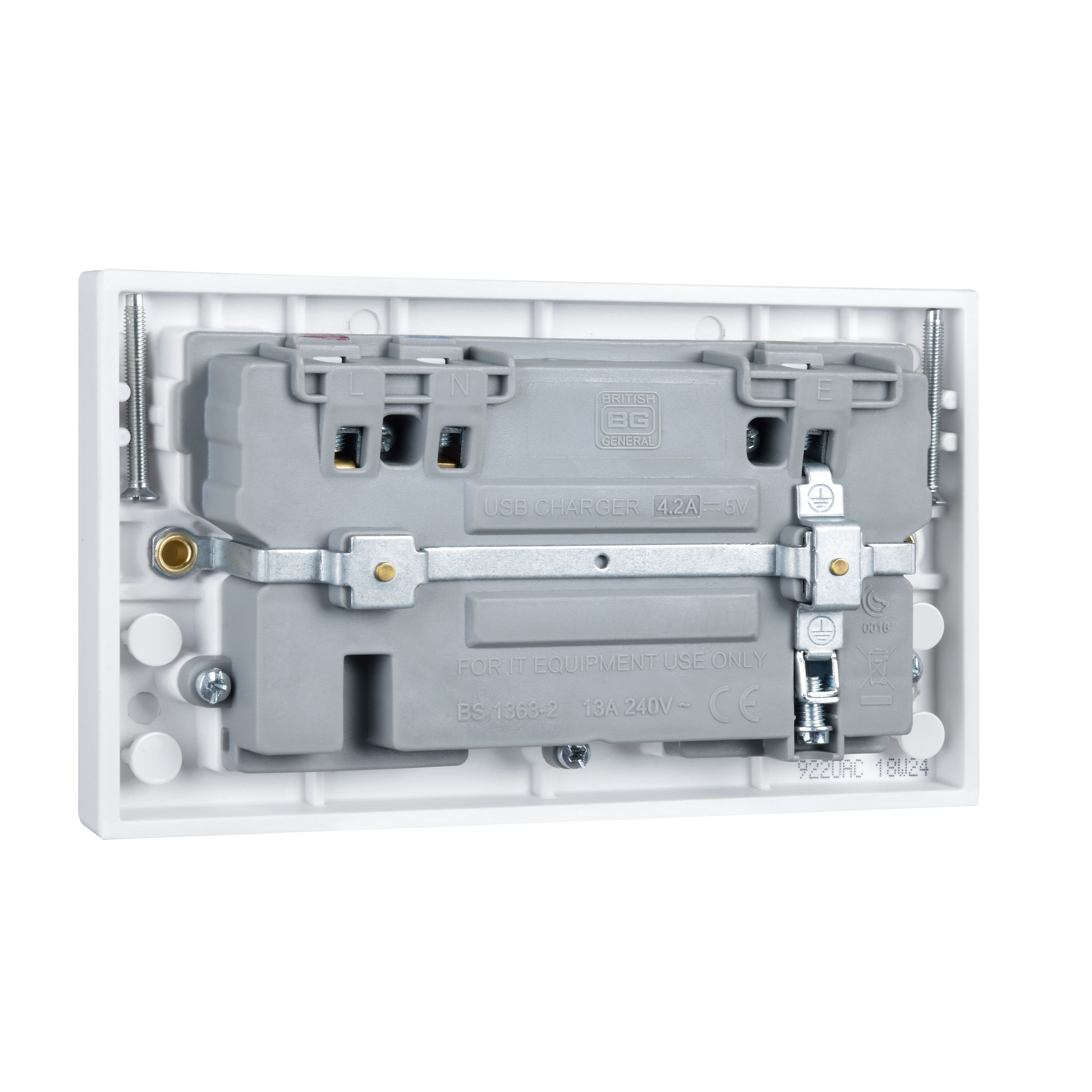 BG White Double 13A Raised square Switched Screwed Socket with USB, 4.2 x2 & White inserts