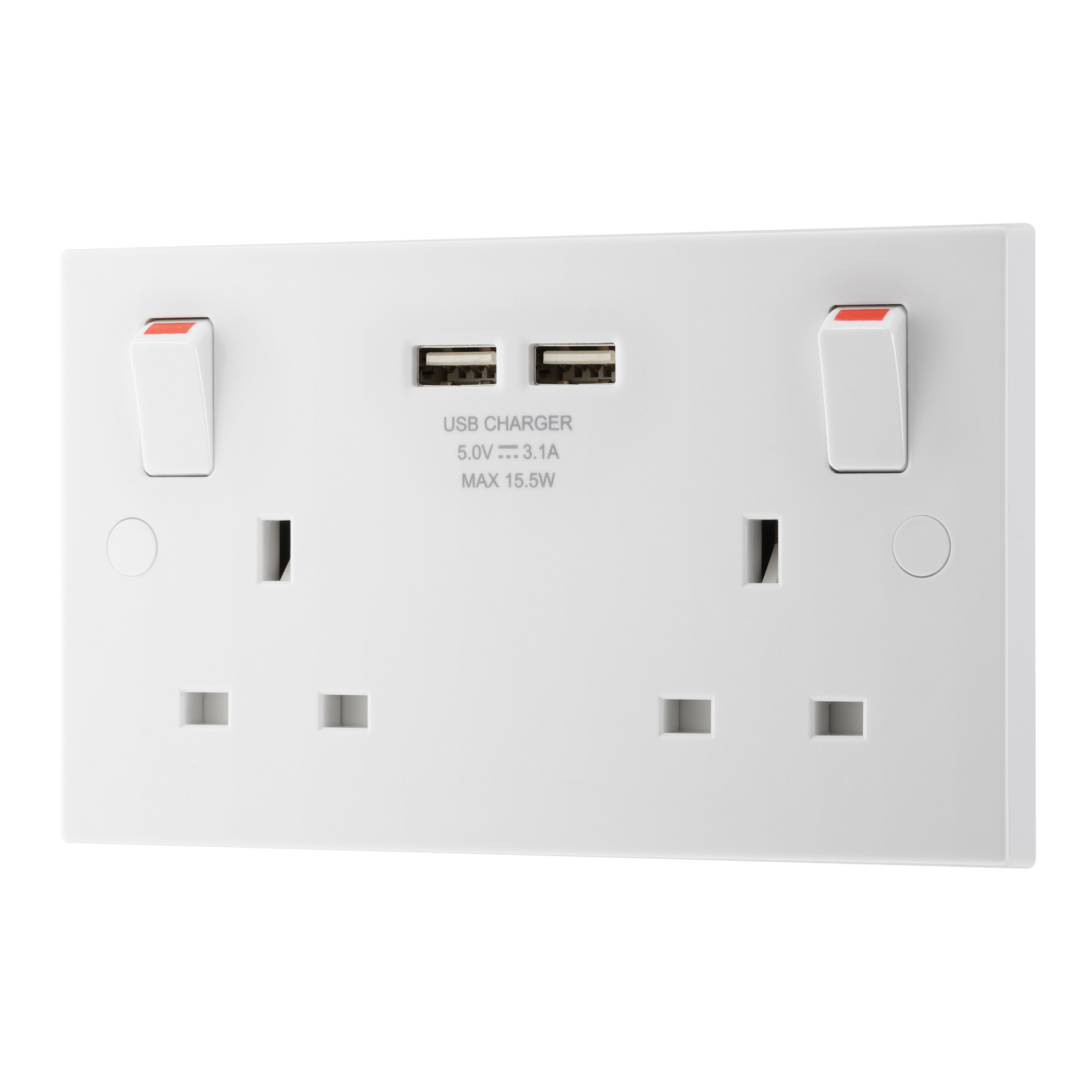BG White Double 13A Switched Socket with USB x2 3.1A & White inserts