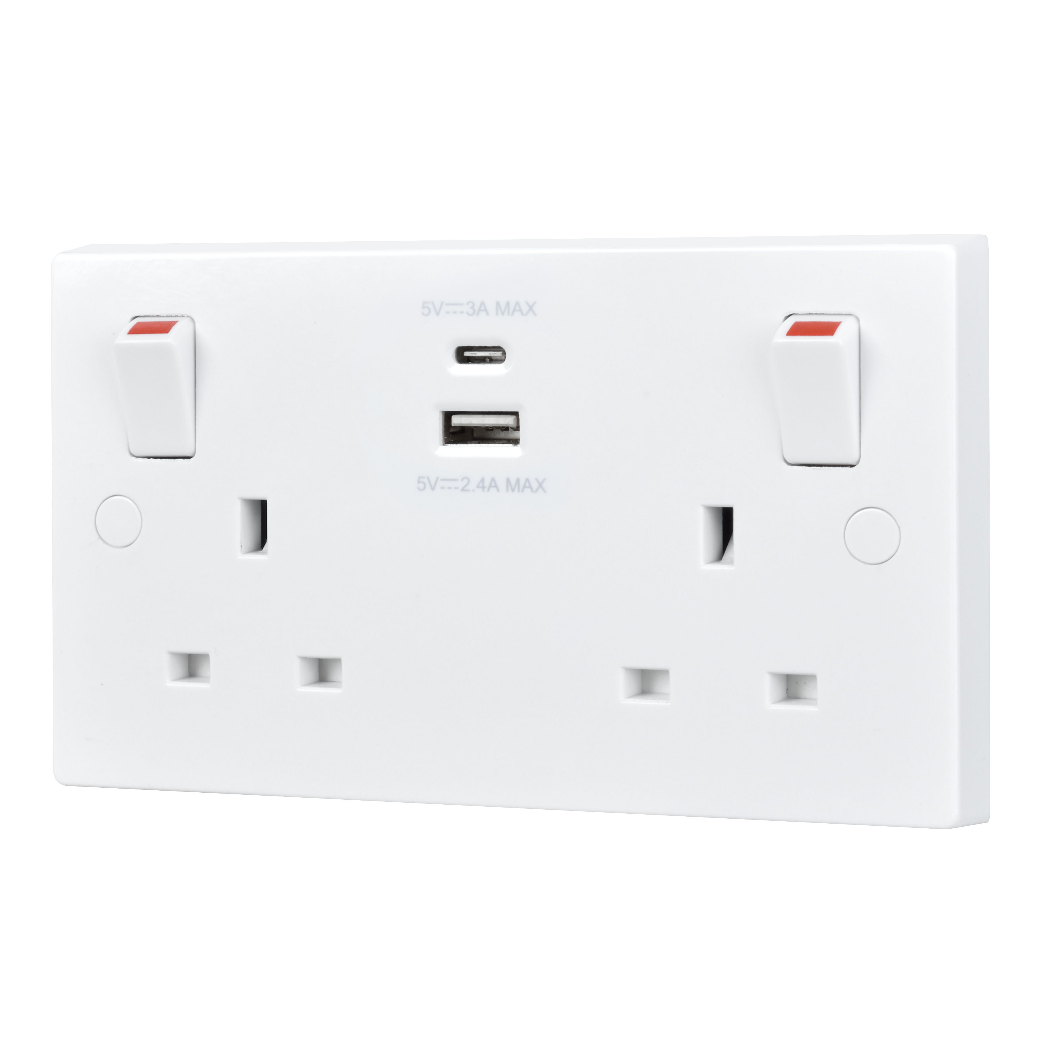 BG White Double 13A Switched Socket with USB x2 4.2A & White inserts
