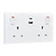 BG White Double 13A Switched Socket with USB x2 4.2A & White inserts