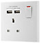 BG White Single 13A Switched Socket with USB x2 & White inserts