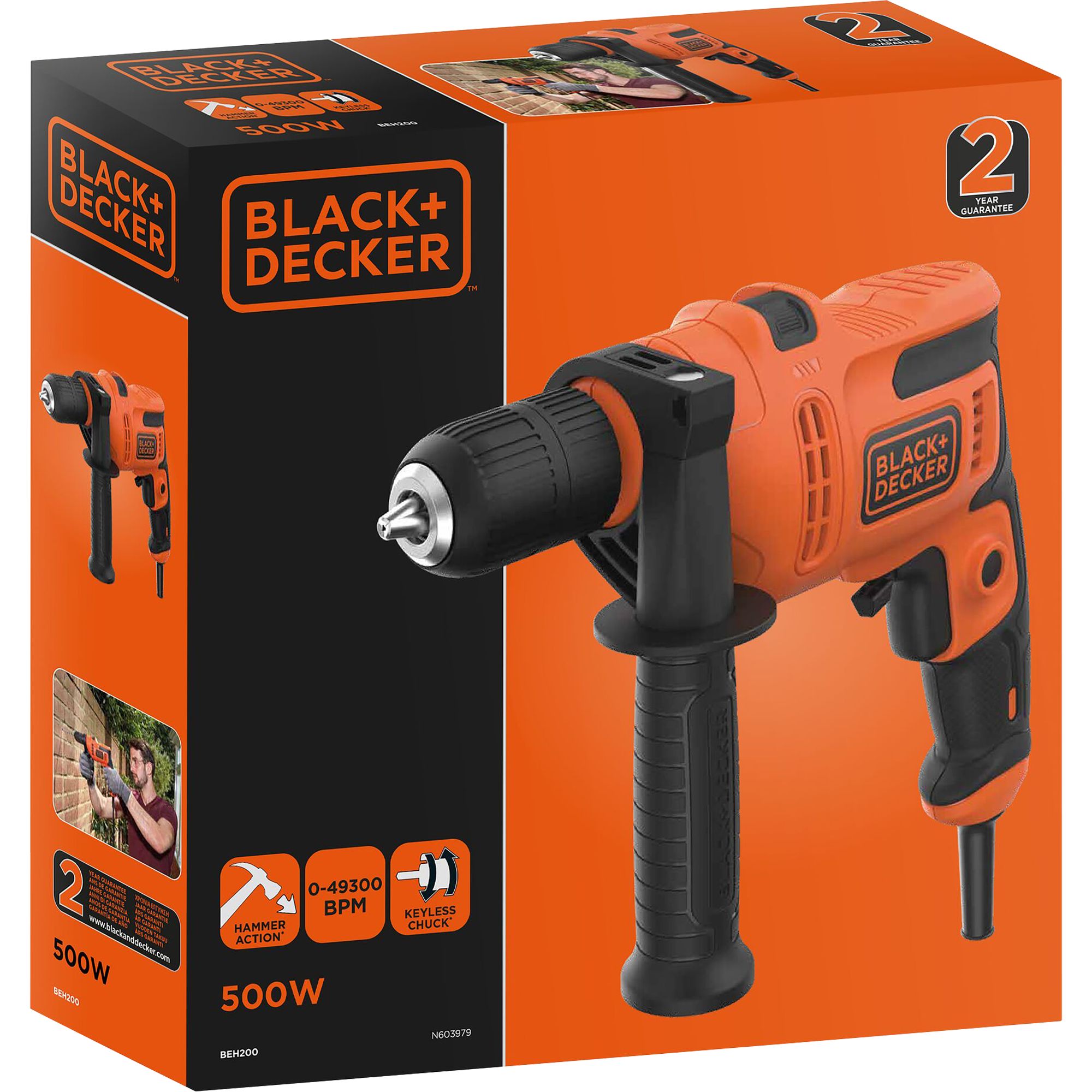 Black Decker 240V 500W Corded Hammer drill BEH200 GB DIY at B Q