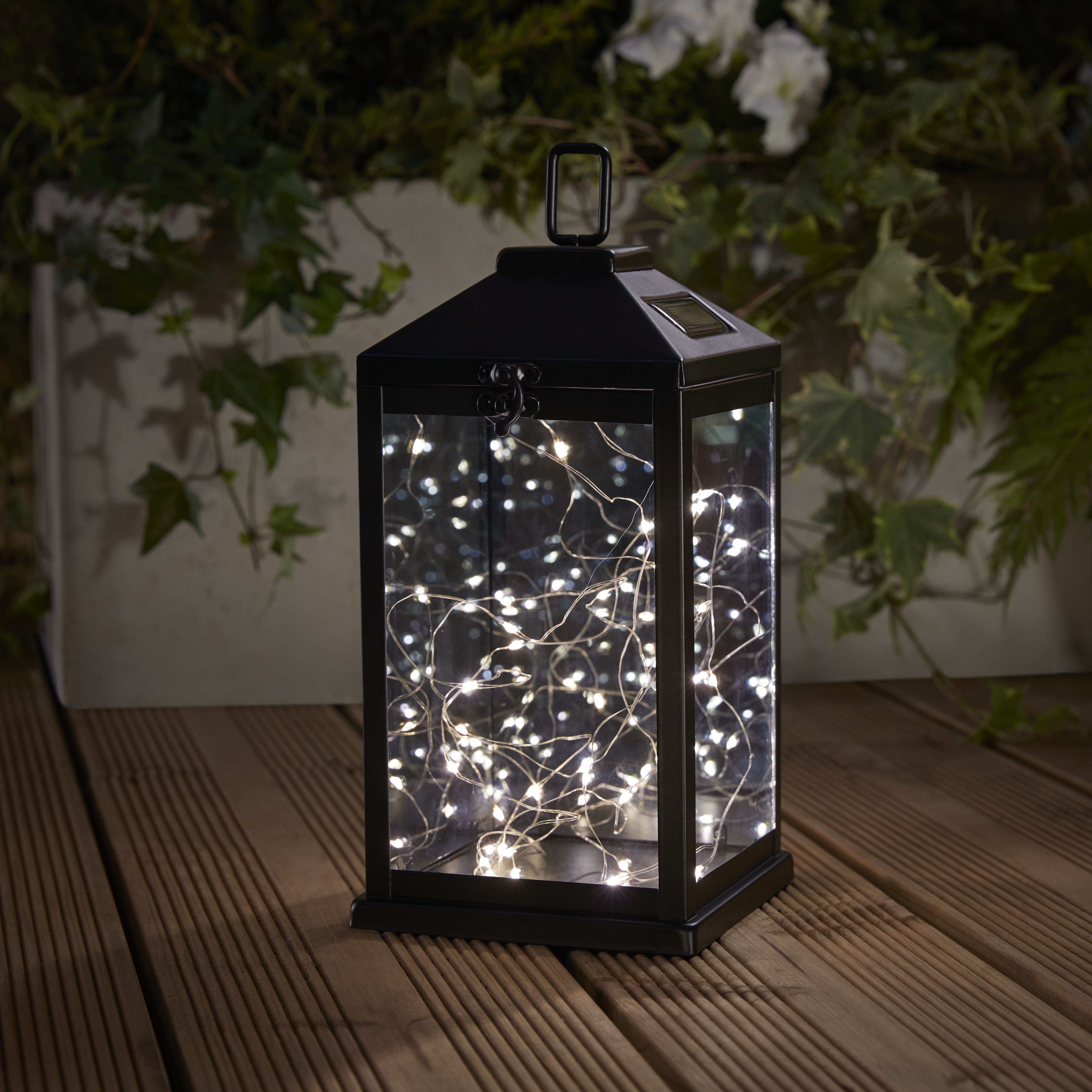 Black Glass & metal Solar-powered Outdoor LED Lantern