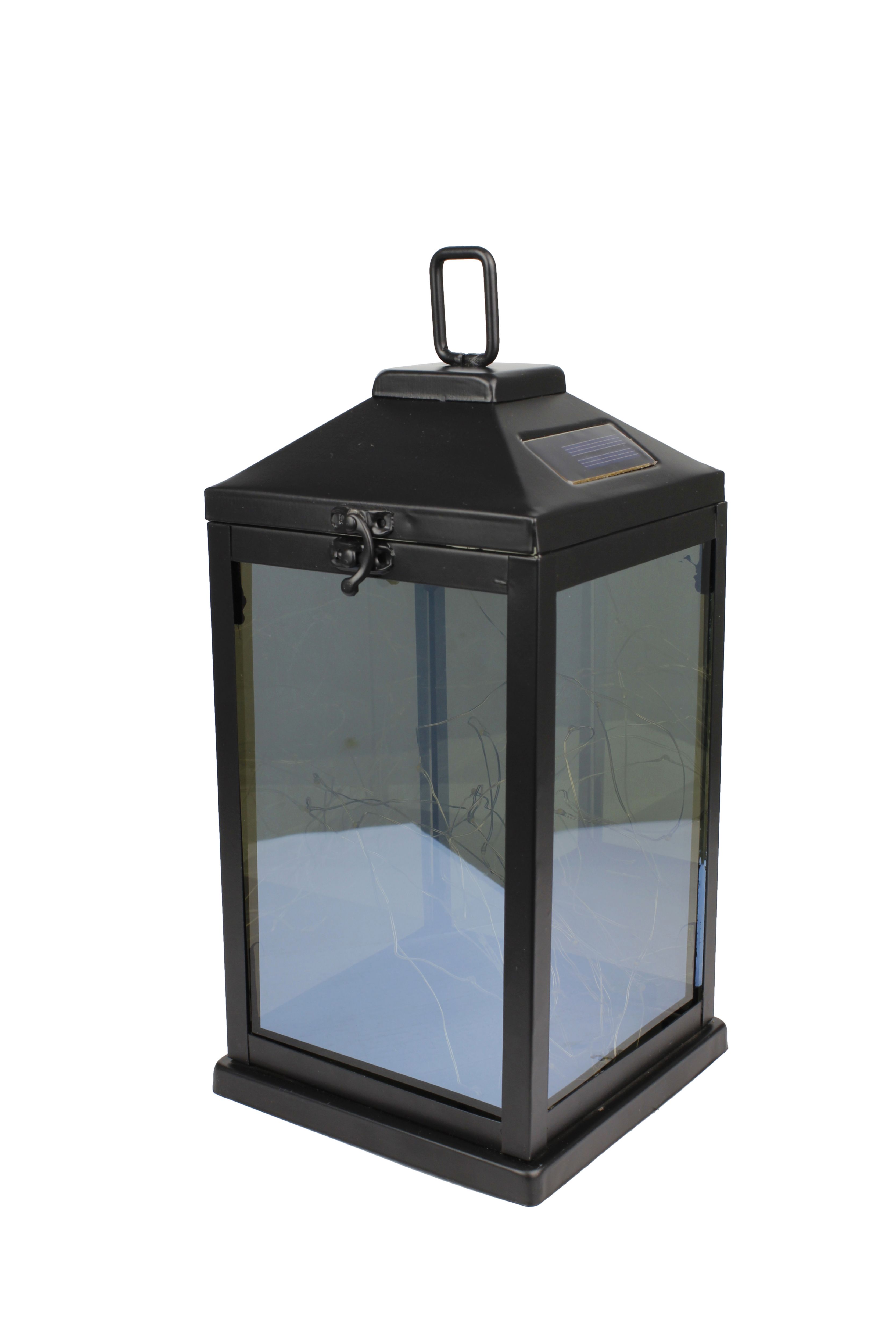 Black Glass & metal Solar-powered Outdoor LED Lantern