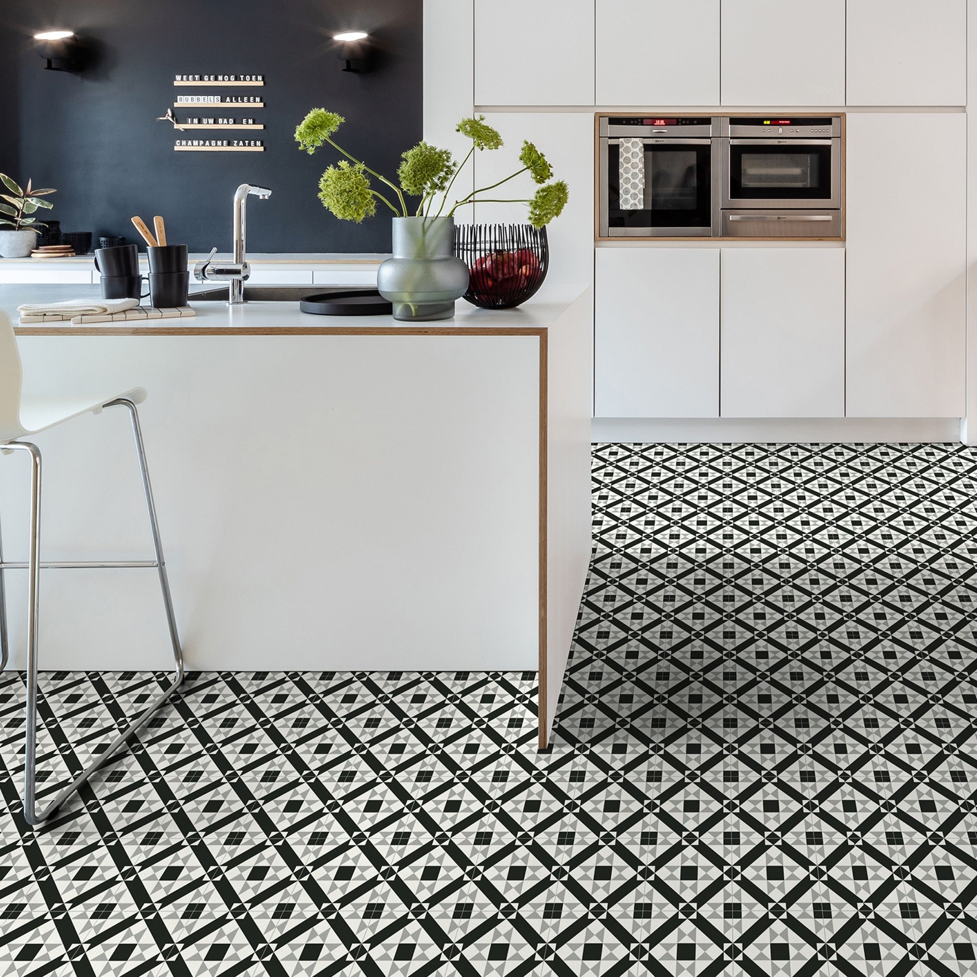 Black, White & Grey Geometric Tile effect Sheet vinyl flooring, 6m²