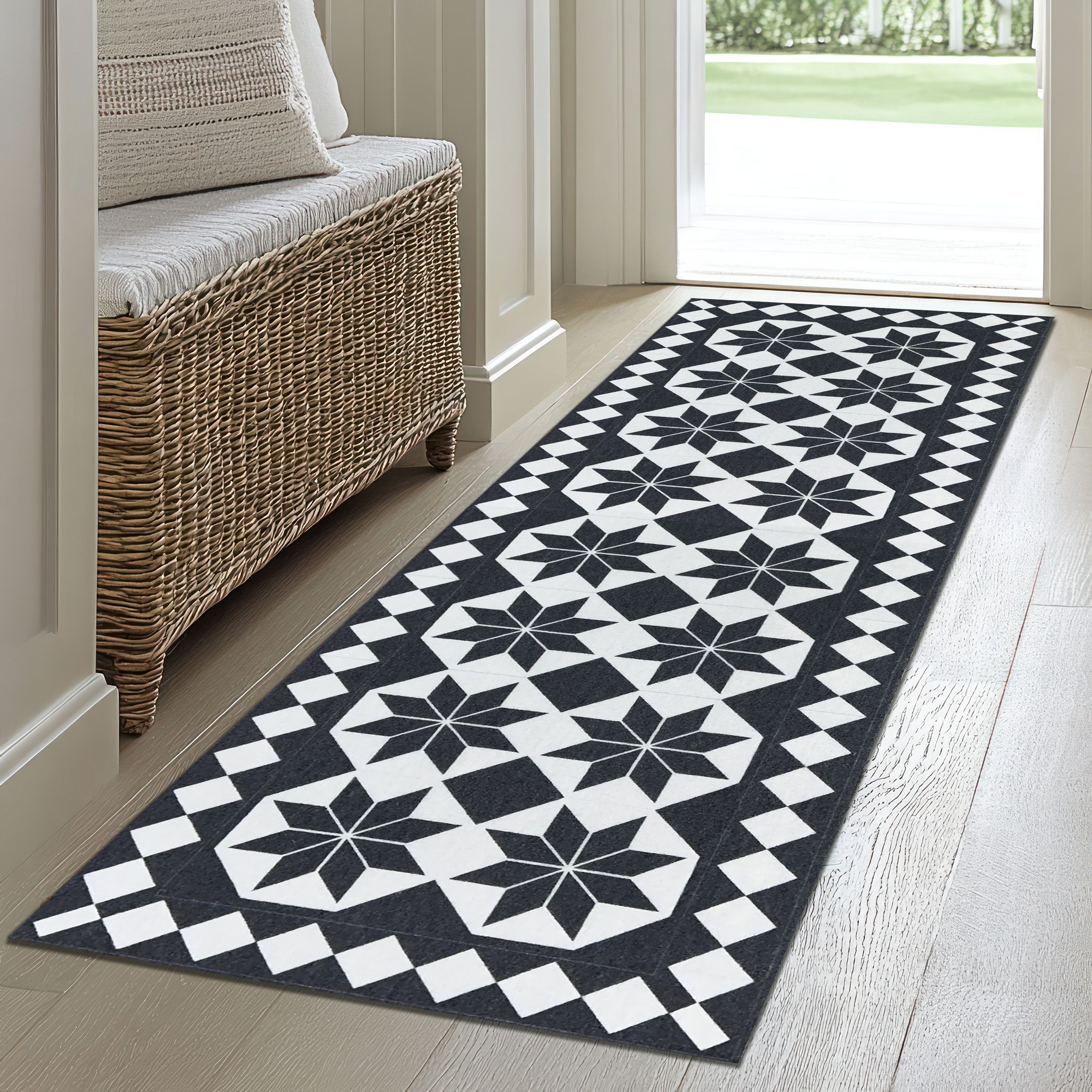 Black & White Tile design Medium Runner, (L)150cm x (W)50cm