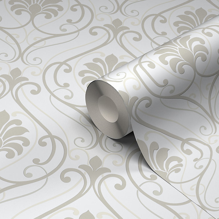 Blain Taupe & white Damask Glitter & mica effect Textured Wallpaper | DIY  at B&Q